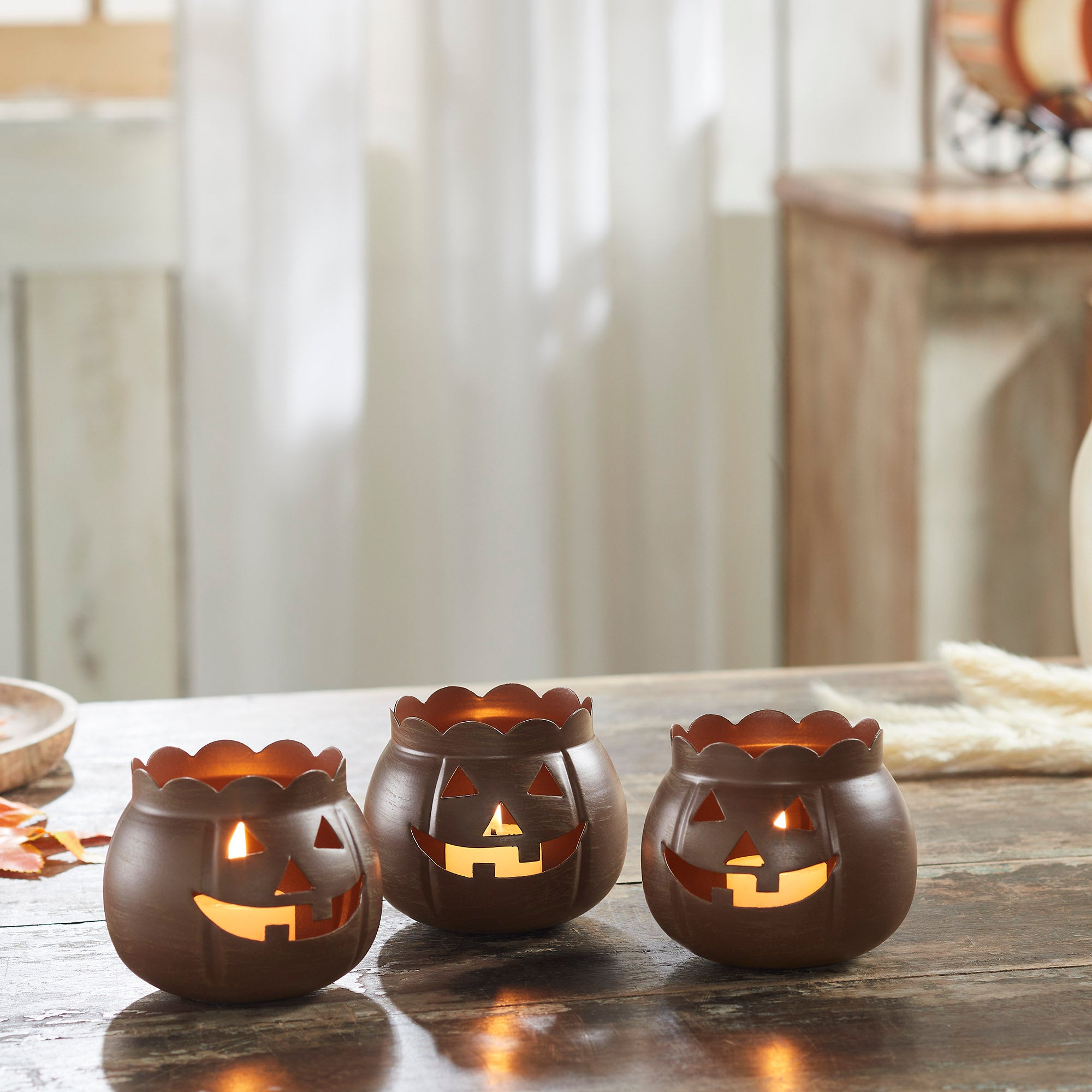 Halloween Tabletop Bronze Jack O Lantern Votive Holders Set of 3 for Fall Decor