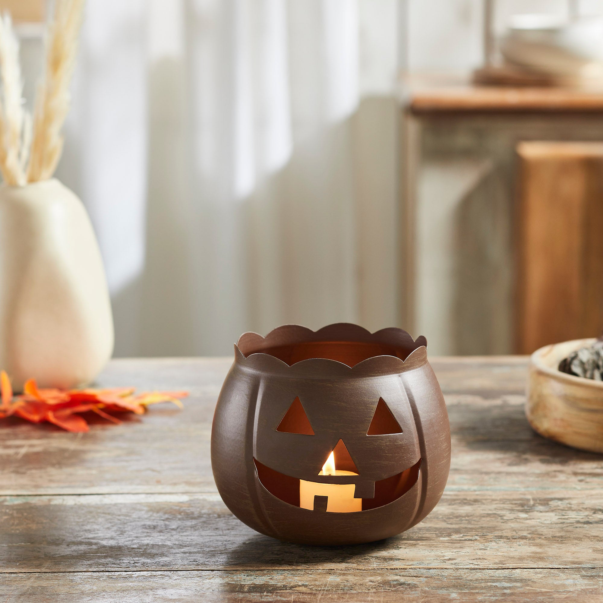 Halloween Bronze Jack O Lantern Votive Candle Holder Fall Pumpkin Metal Tabletop Decor x