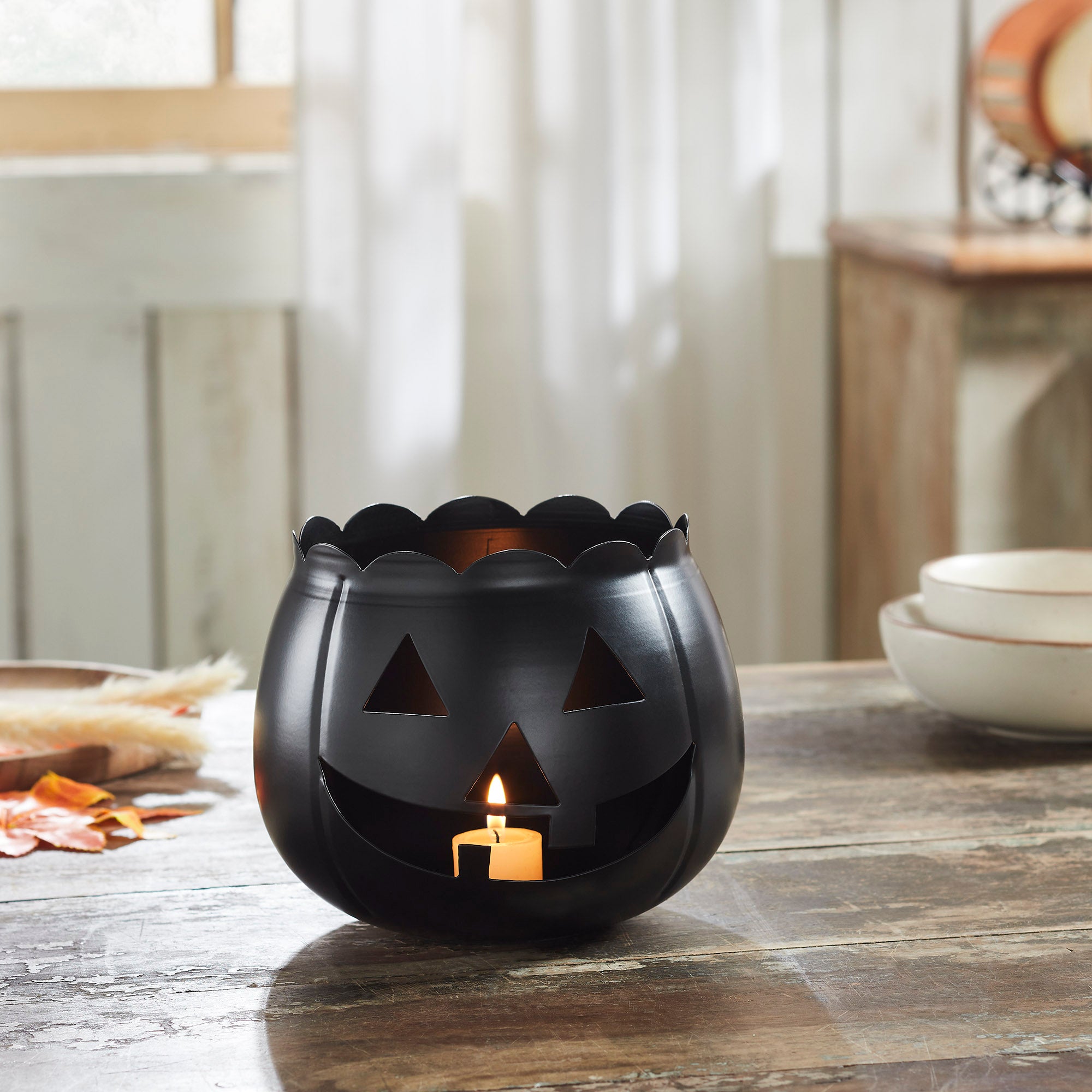 Halloween Black Jack O Lantern Decorative Candle Holder Spooky Pumpkin Votive Lantern H x W x D Seasonal Accent