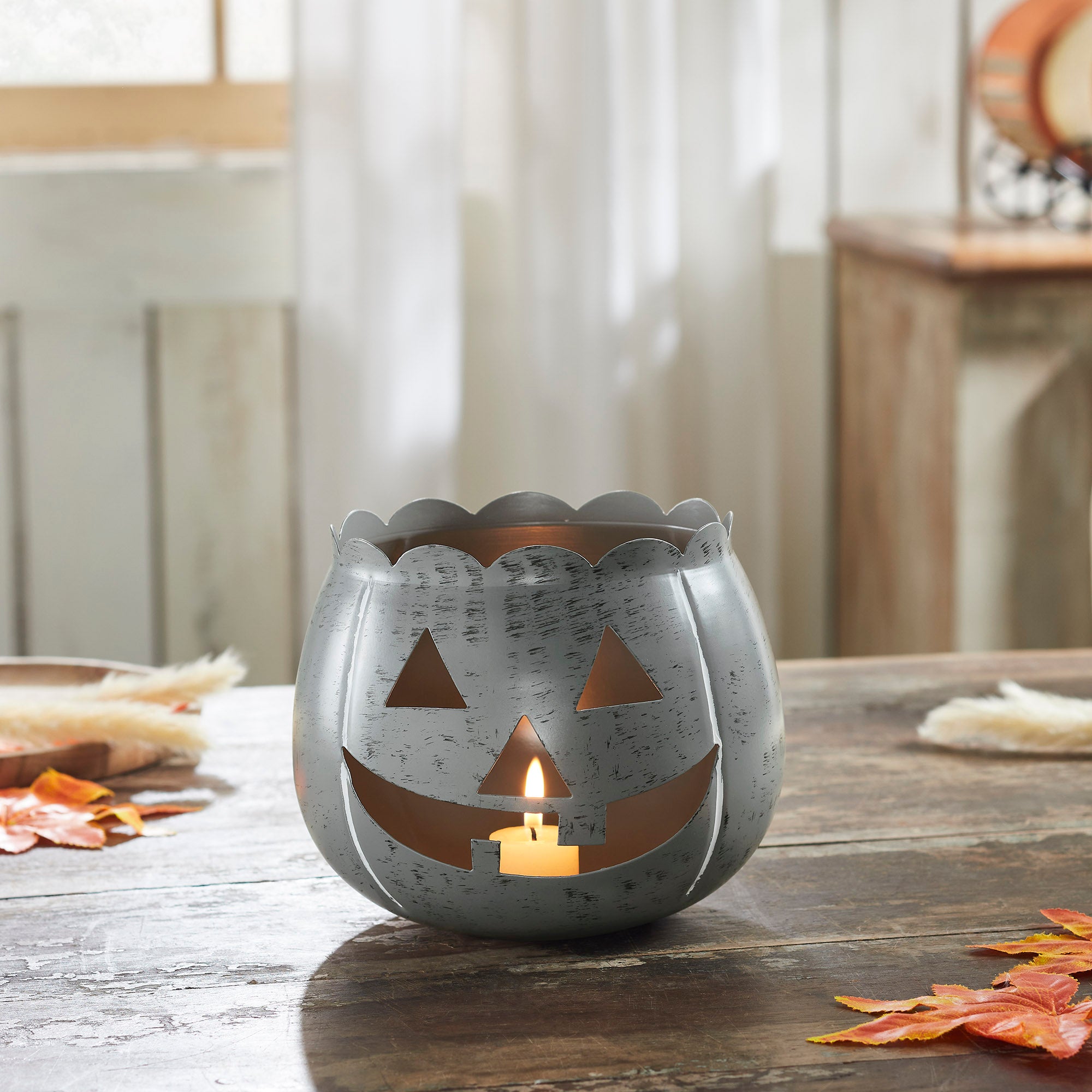 Halloween Jack O Lantern Candle Holder Antique Grey Fall Tabletop Seasonal Decor Inch