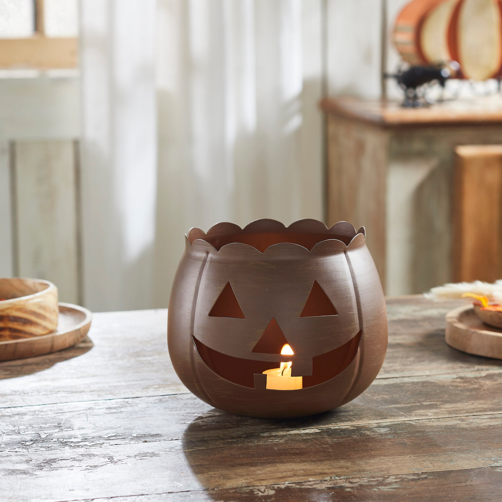 Bronze Jack O Lantern Votive Tealight Candle Holder, Spooky Halloween Fall Metal Decor Inch