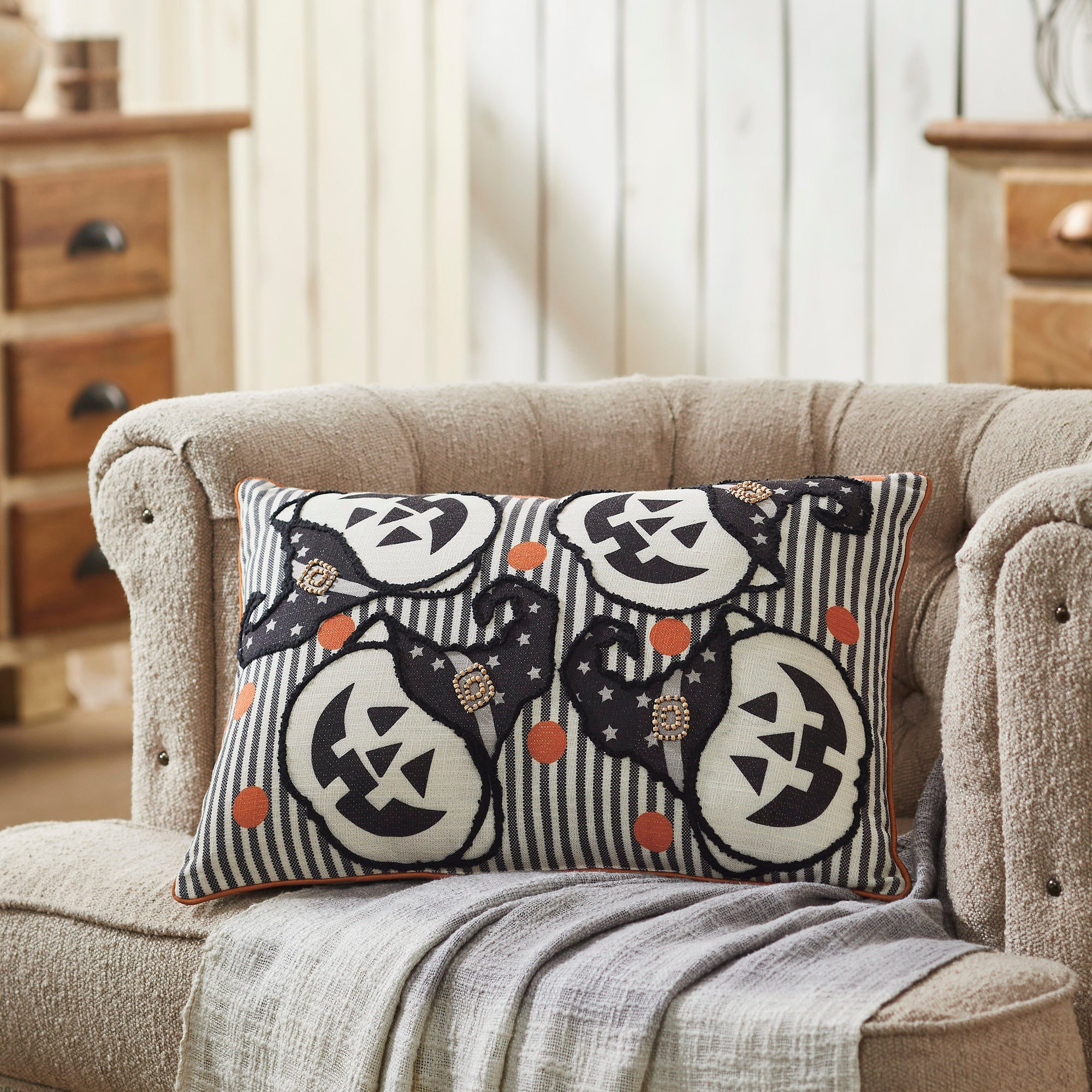 Halloween Spooky Witchy Pumpkin Stripe Throw Pillow Fall Home Decor Accent
