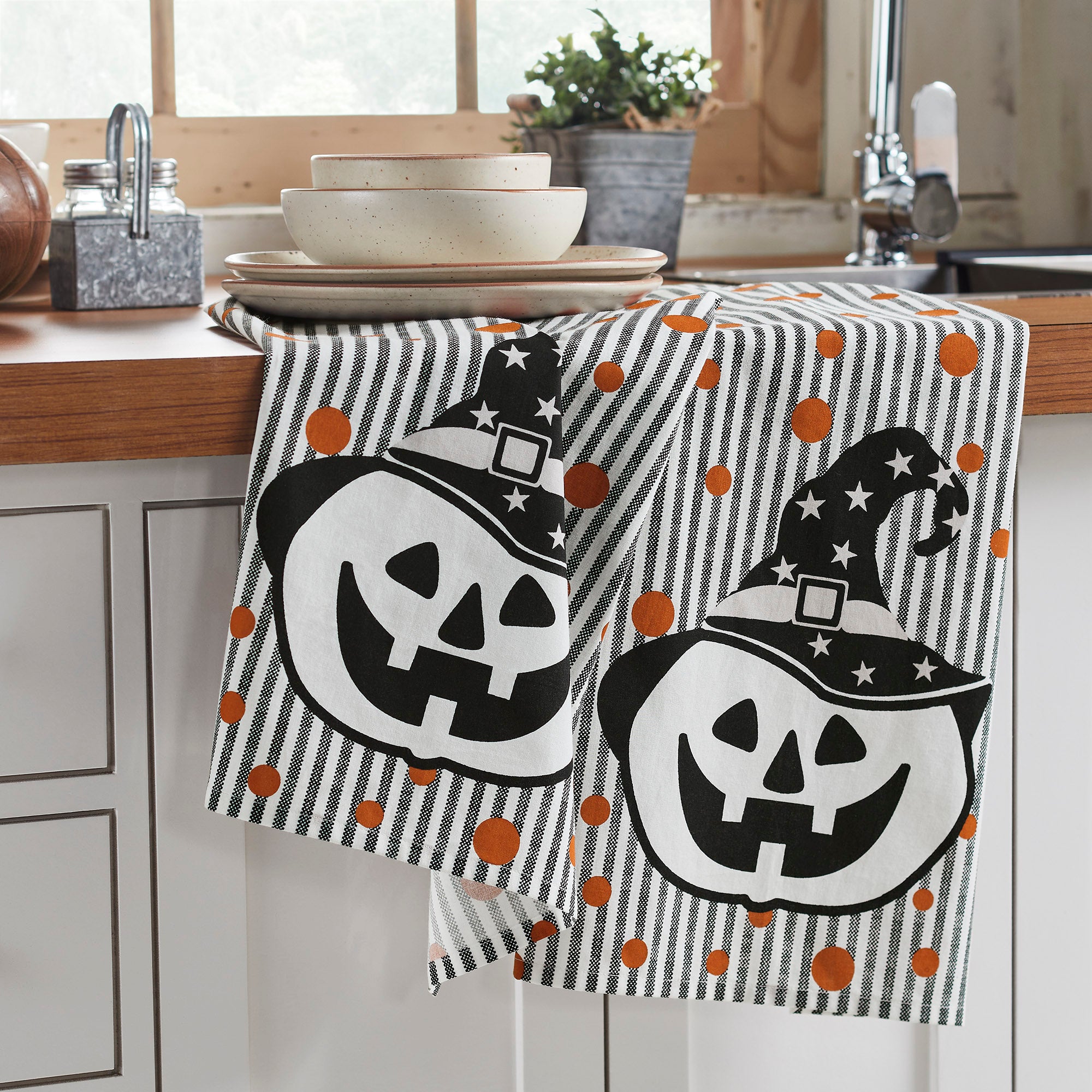 Halloween Fall Kitchen Towel Set, Absorbent Cotton Pumpkin & Stripe Dish & Hand Towels (2Pack)