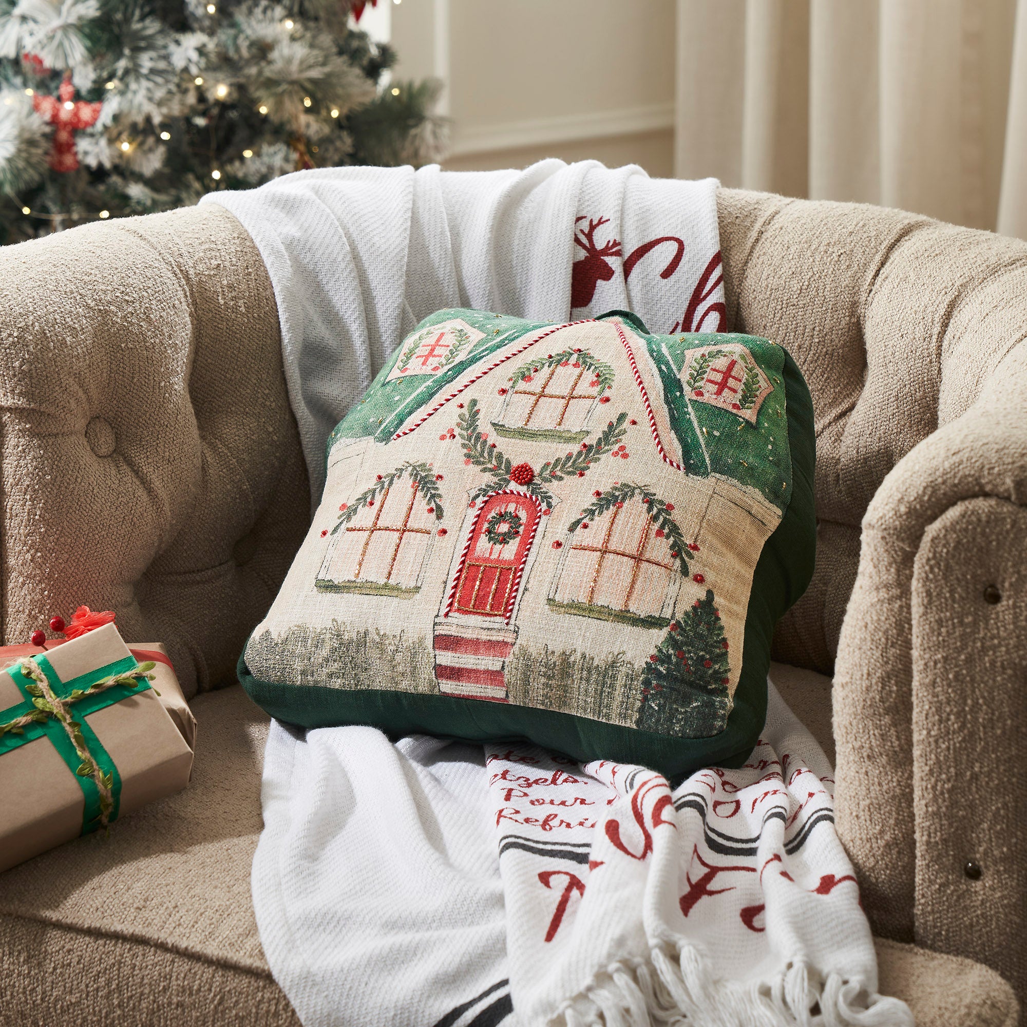 Christmas Cottage Pillow with Beads 14x14