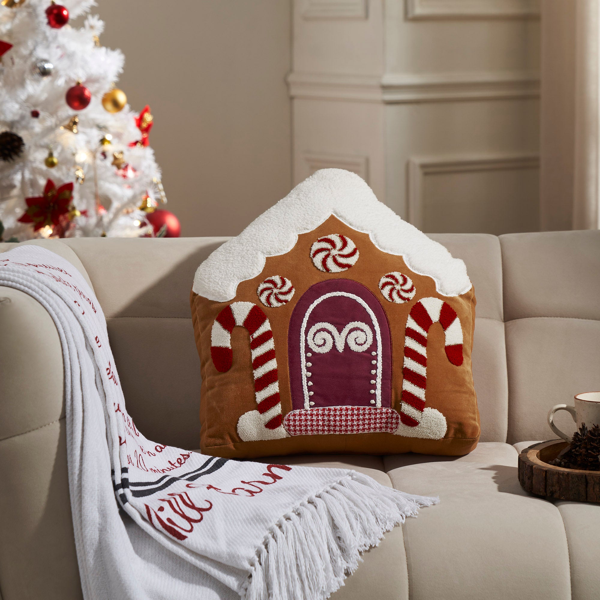 Gingerbread House Embroidered Velvet Pillow