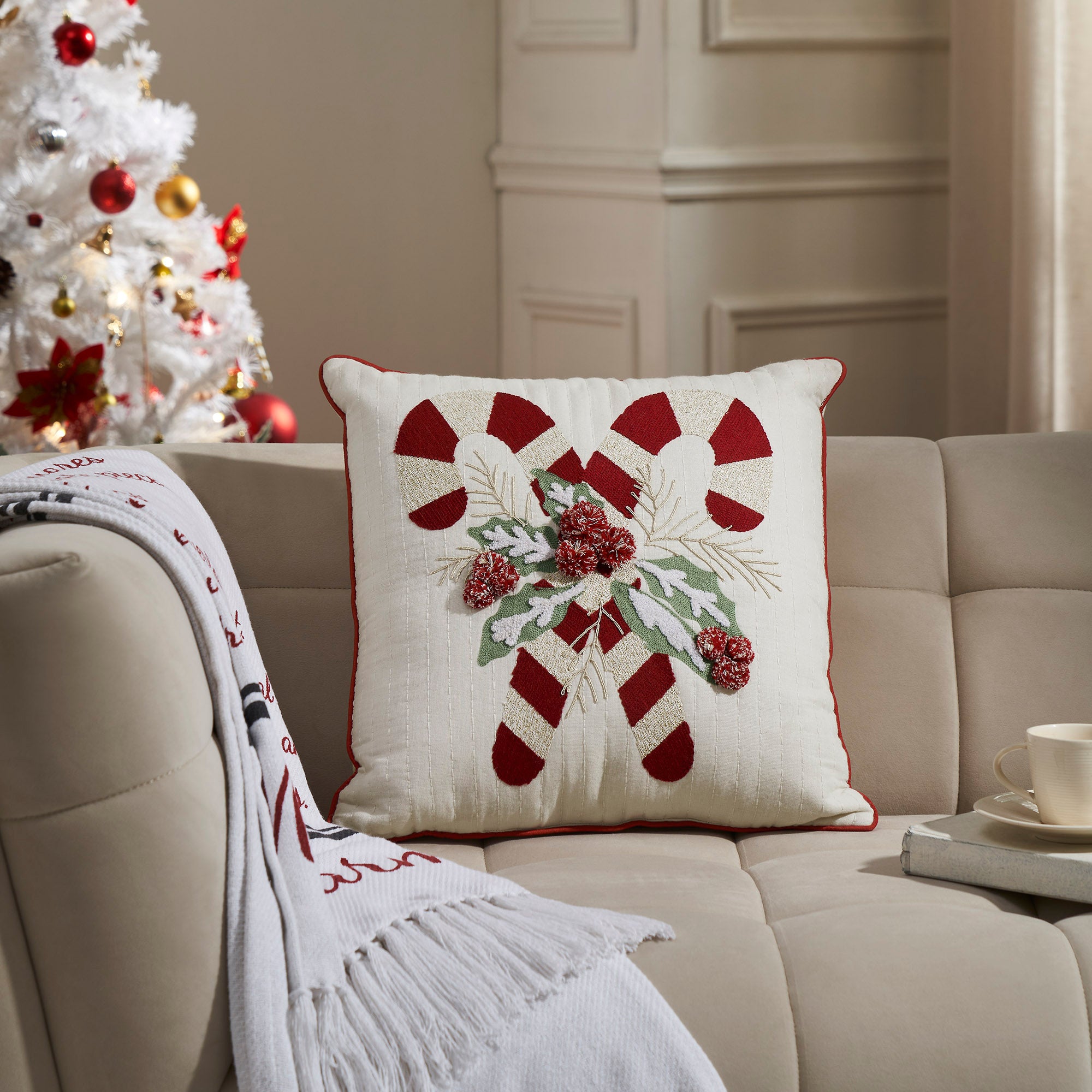 Candy Cane & Holly Pillow