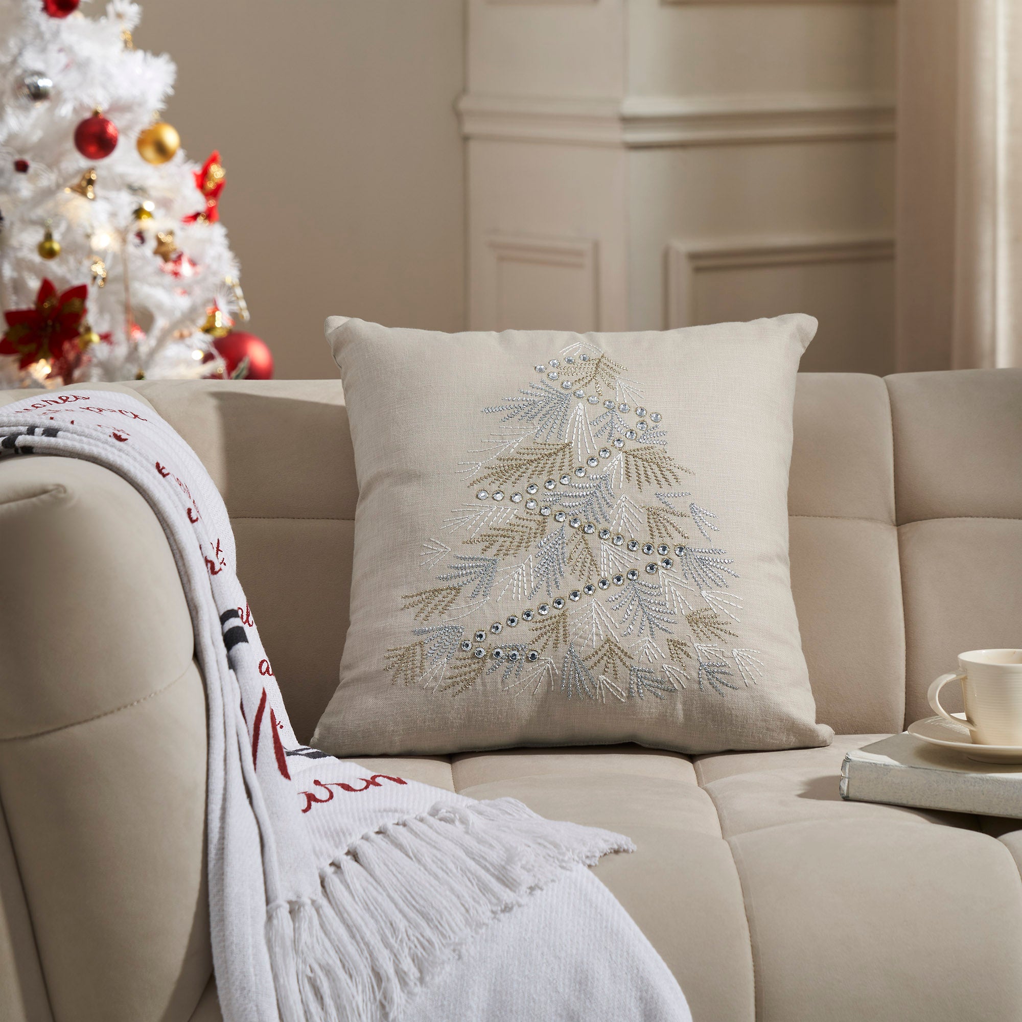 Silver and Gold Pine Tree Embroidered Pillow