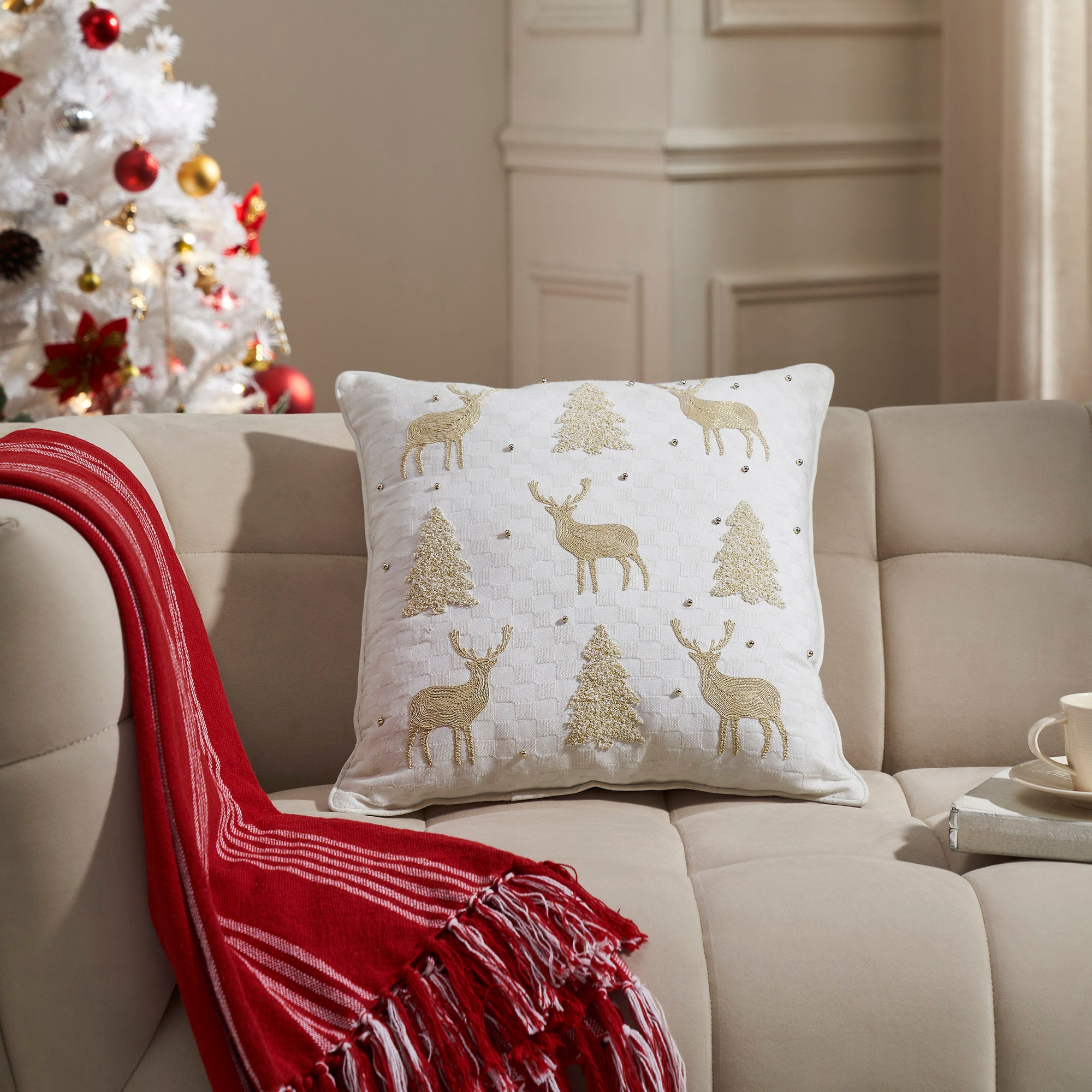 Golden Deer and Pine Embroidered Pillow