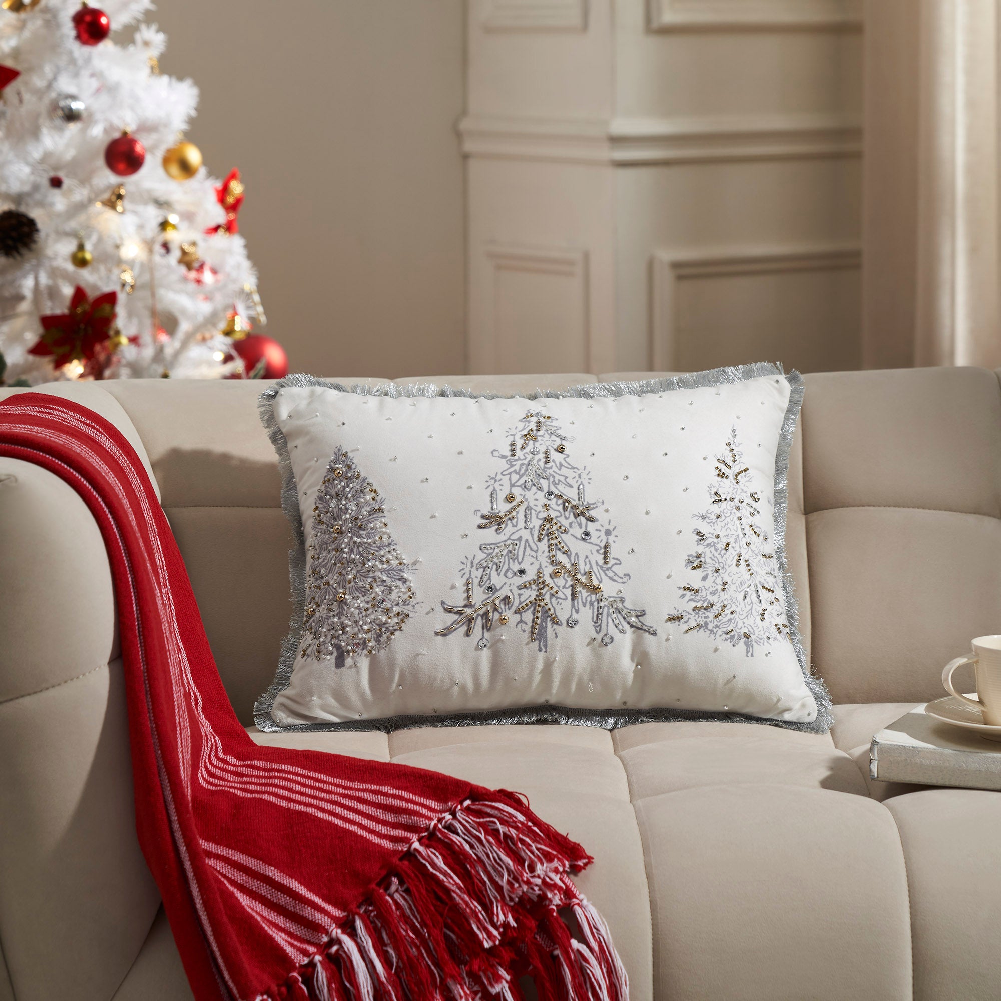 White Christmas Silver and Gold Embroidered Pillow with Beads