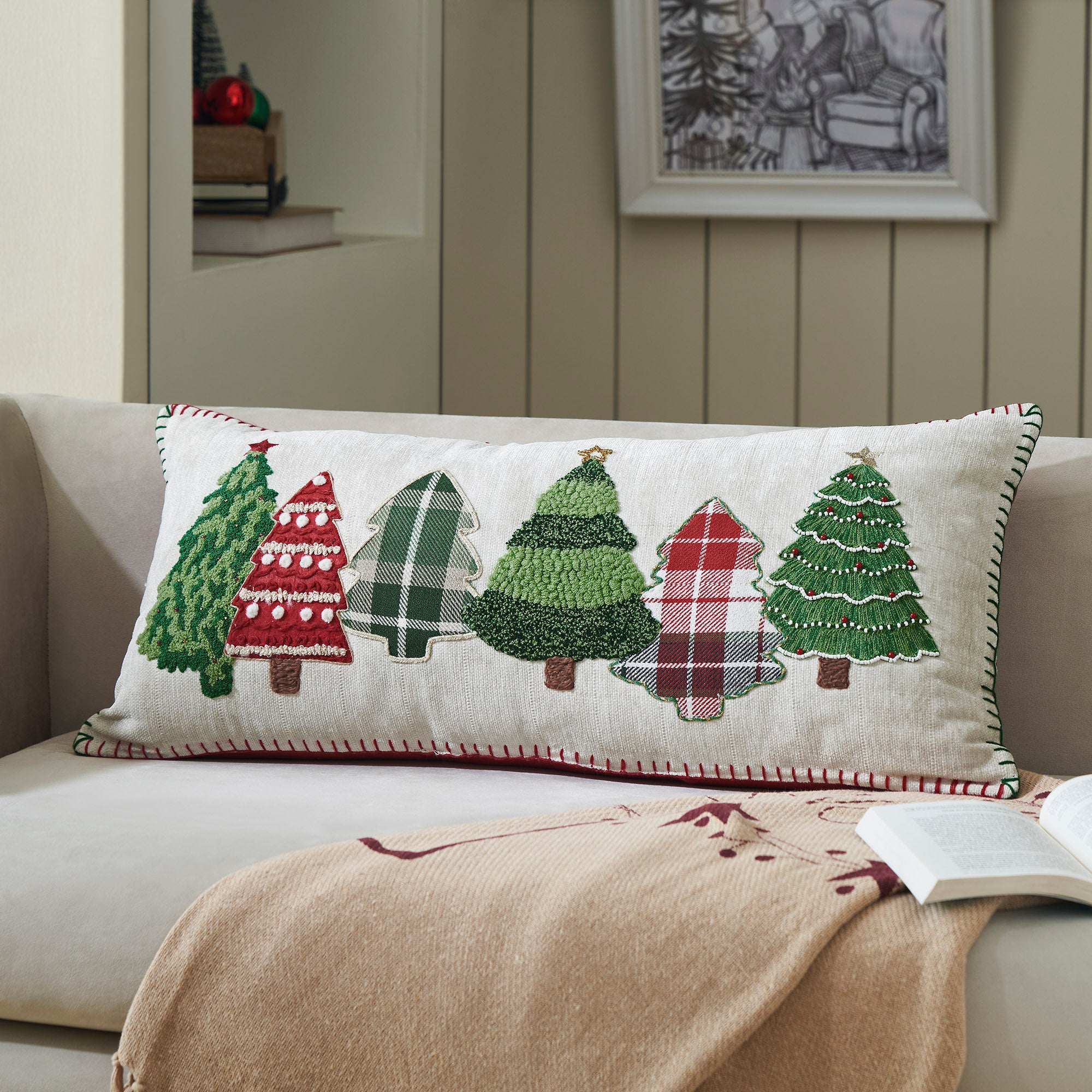 Red and Green Applique Tree Pillow with Embroidery