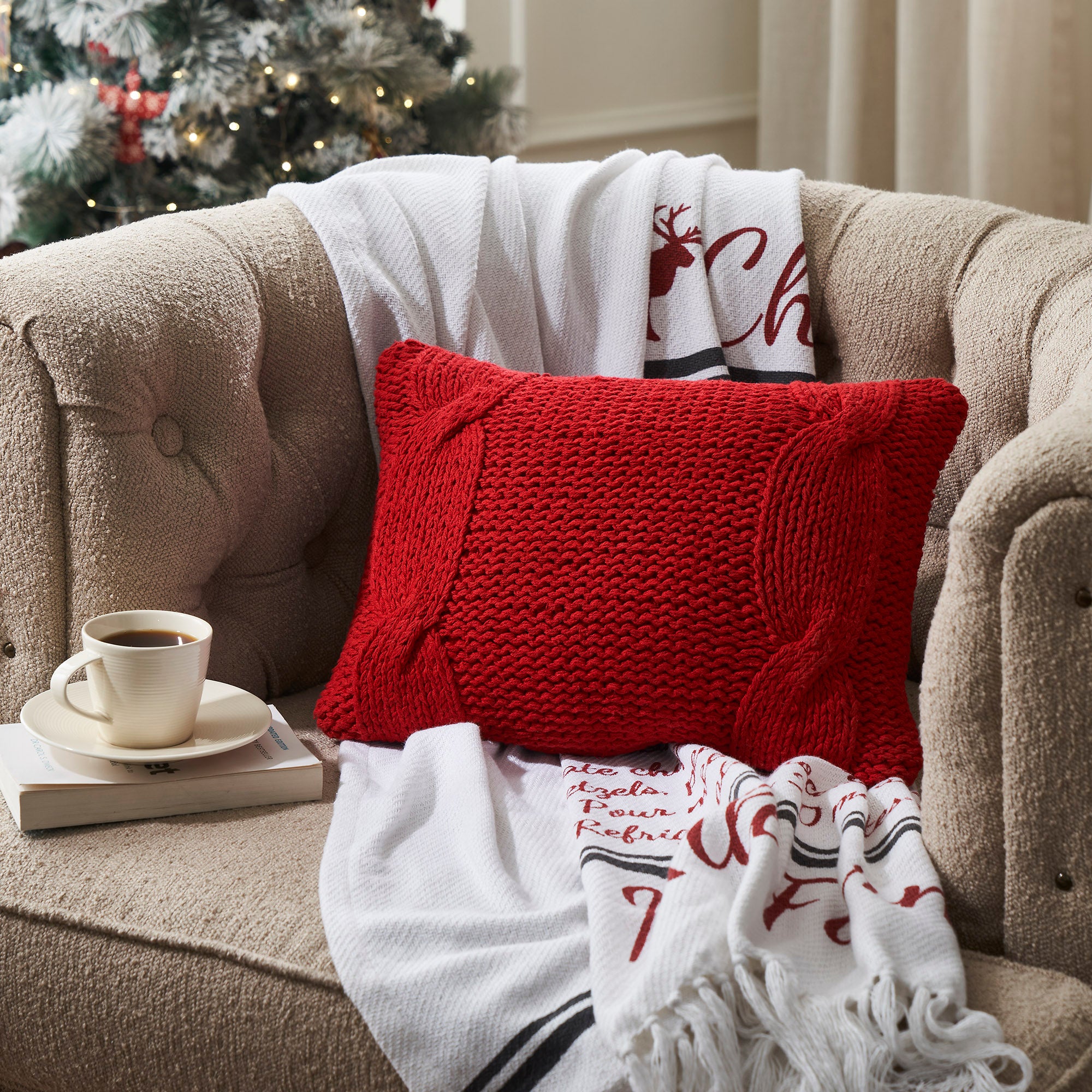 Cable Knit Sweater Pillow Red