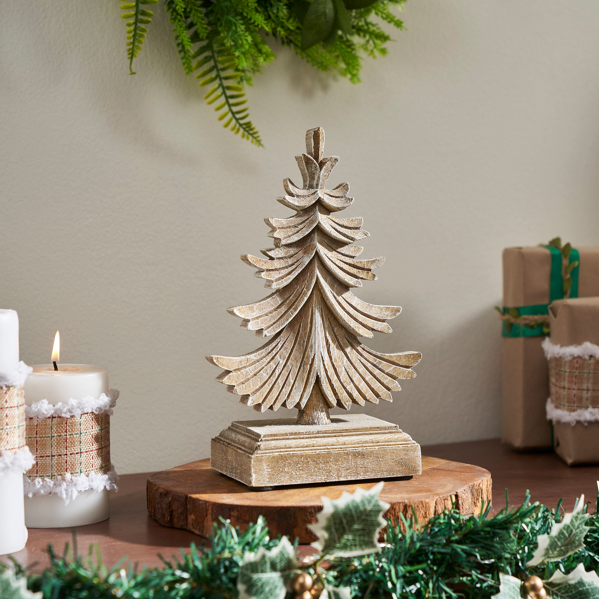 Feathered Finish Winter Pine Wooden Tree