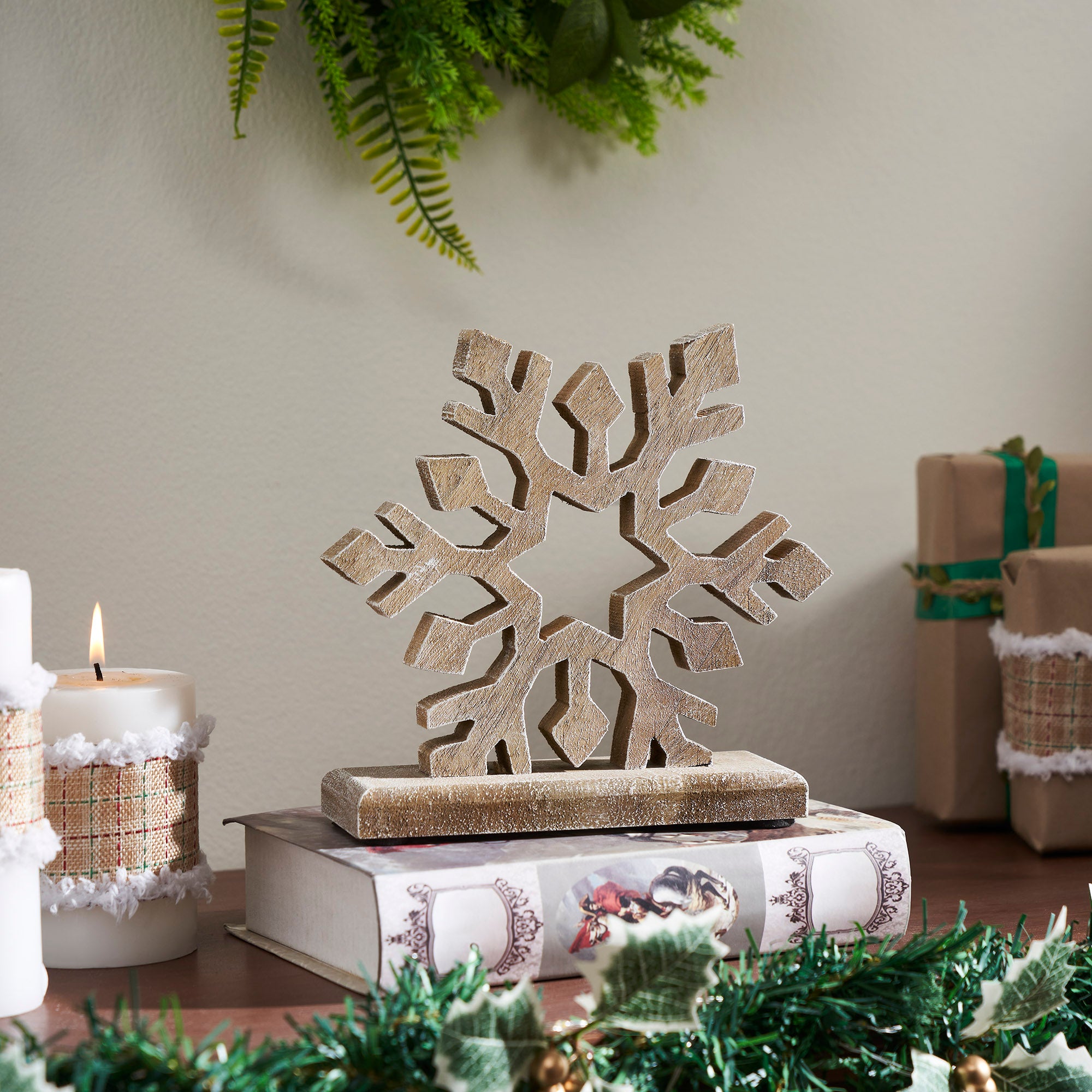 Feathered Finish Wooden Snowflake Natural
