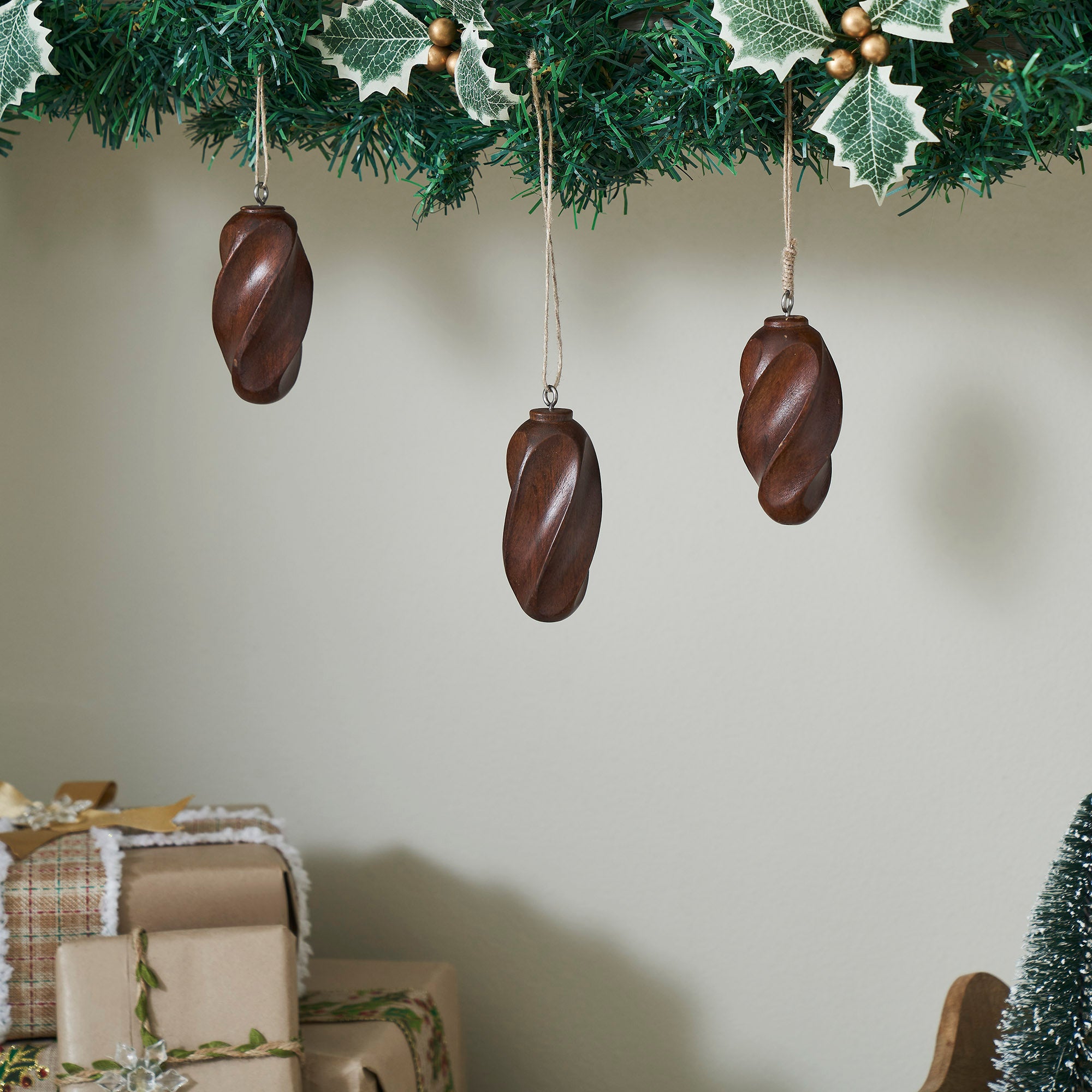 Swirling Dark Wooden Ornament Set of 3