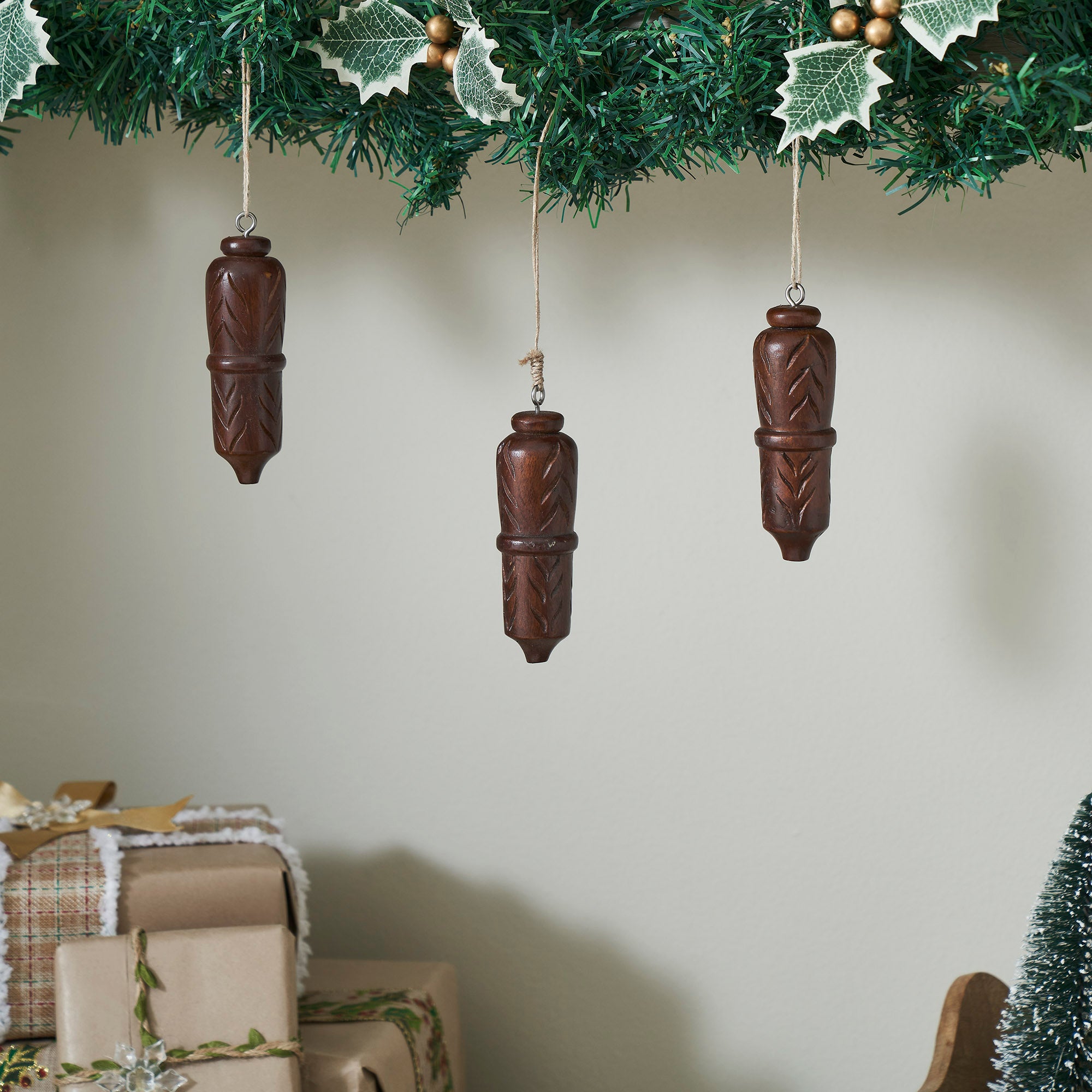 Winter Hearth Dark Wooden Ornament Set of 3