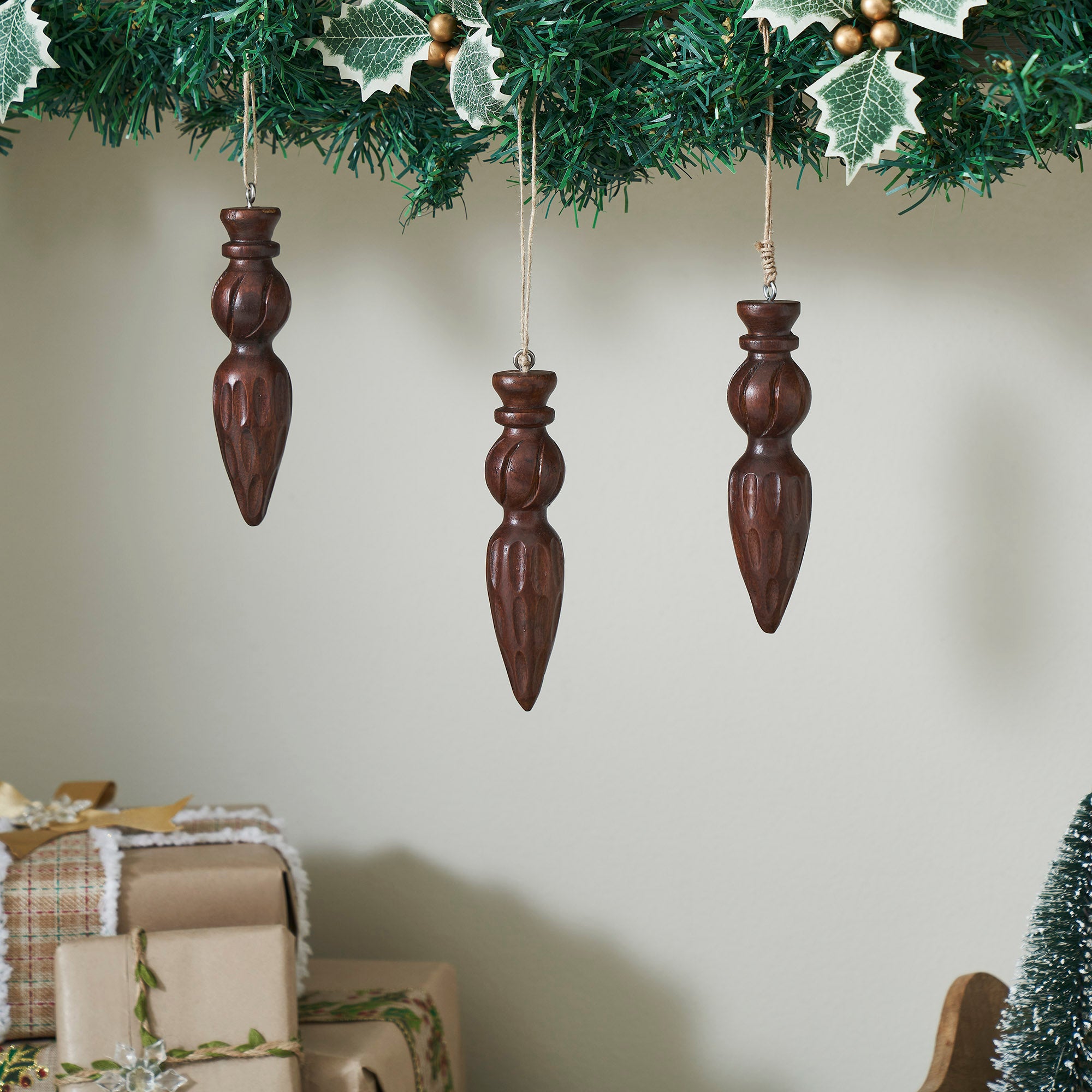 Festive Finial Dark Wooden Ornament Set of 3