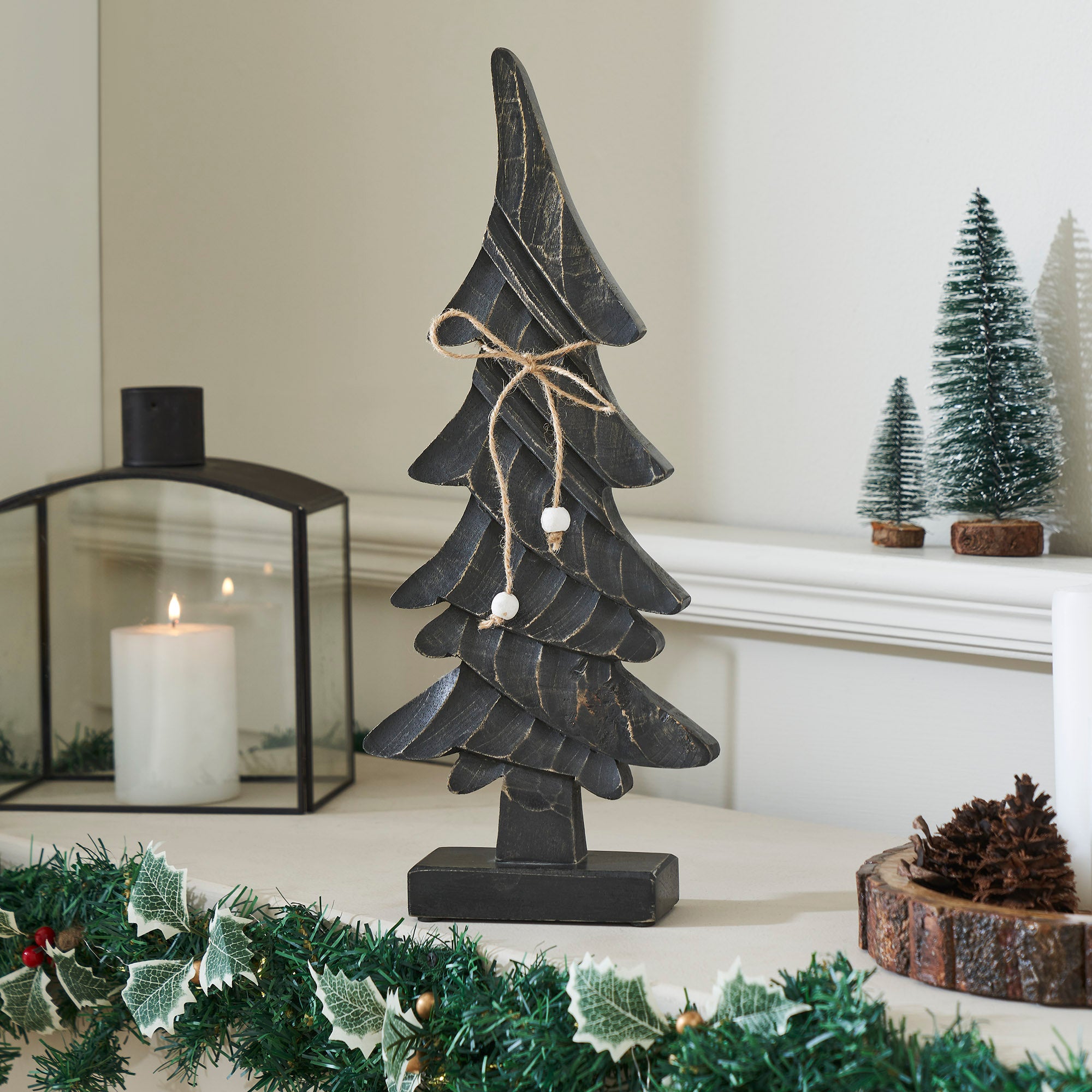 Primitive Pine Distressed Black Wooden Tree 17x7x2