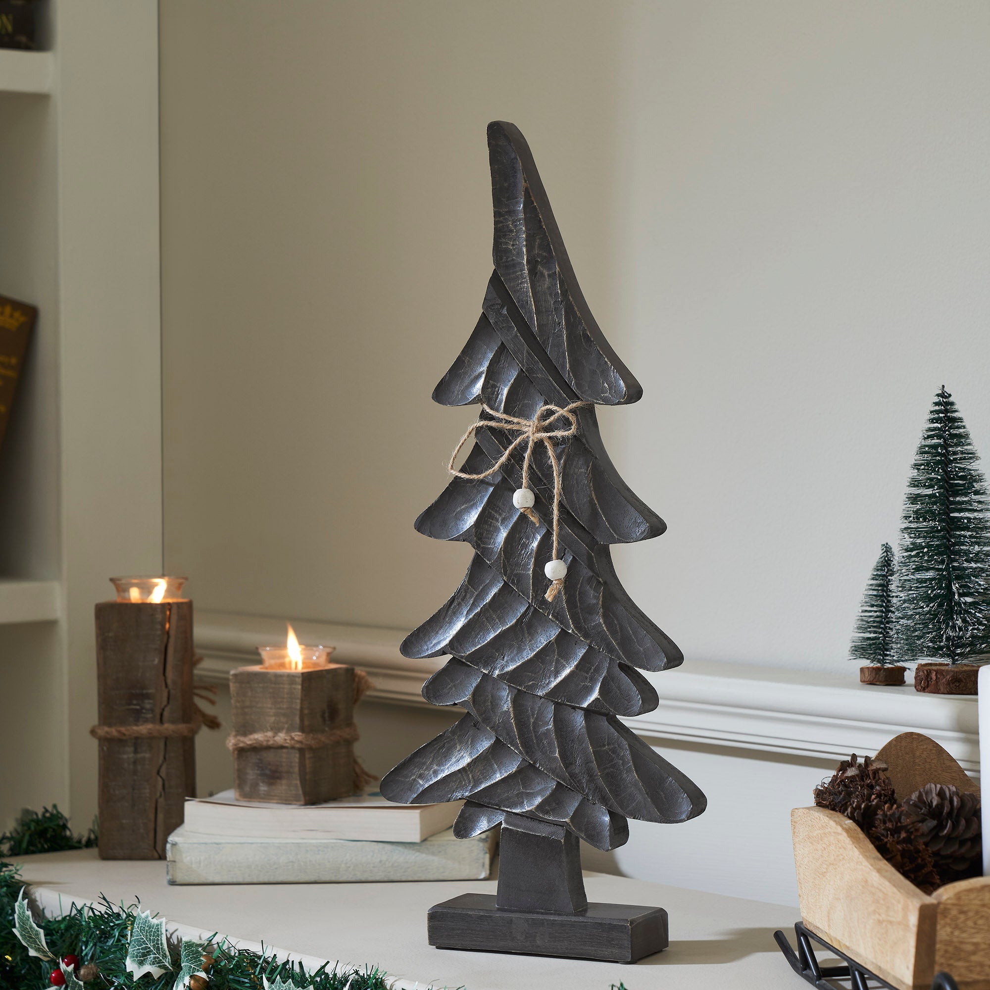 Primitive Pine Distressed Black Wooden Tree 21x9x2
