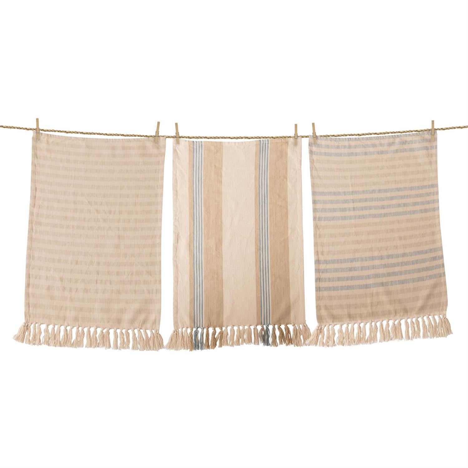 Tea Towels - Natural and Blue Striped with Tassels