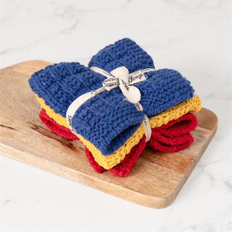 Knitted Dish Cloth Set - Red, Yellow And Blue