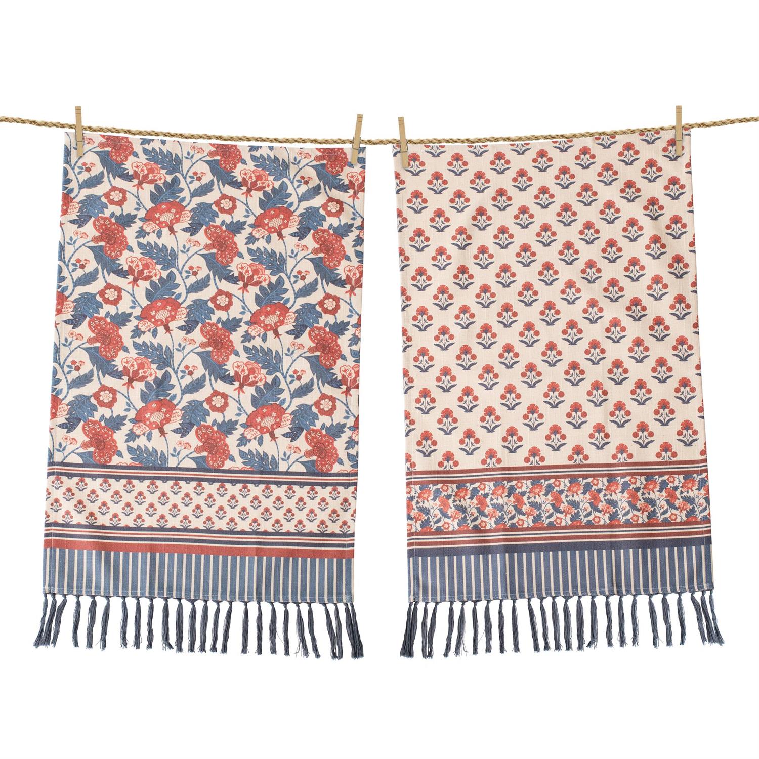 Red & Blue Floral Block Print Towels (S/2)