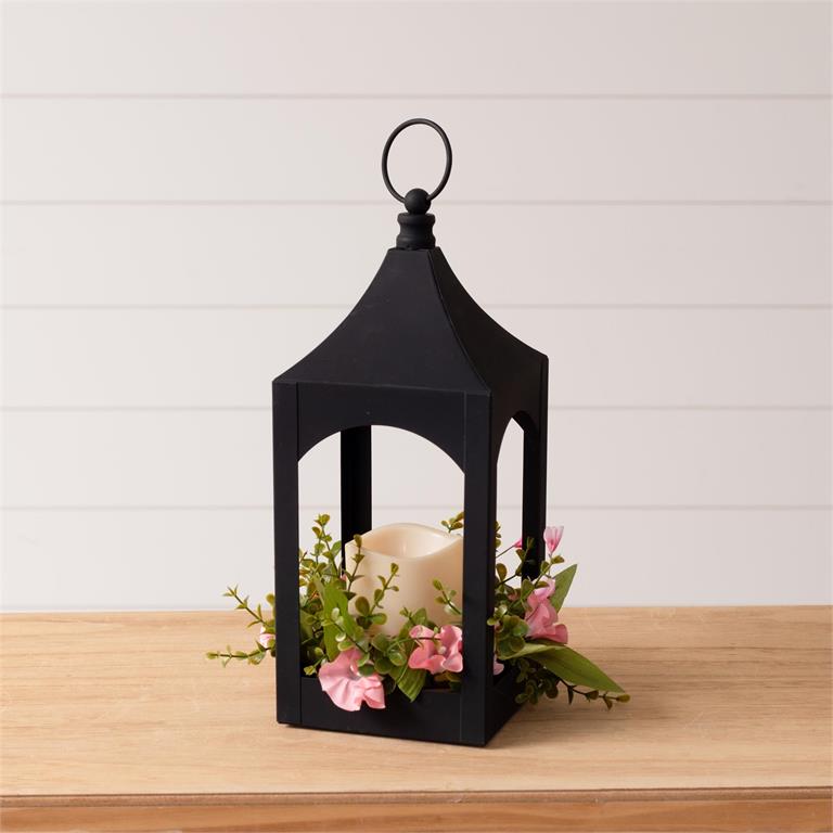 Black Lantern With Floral And LED Candle