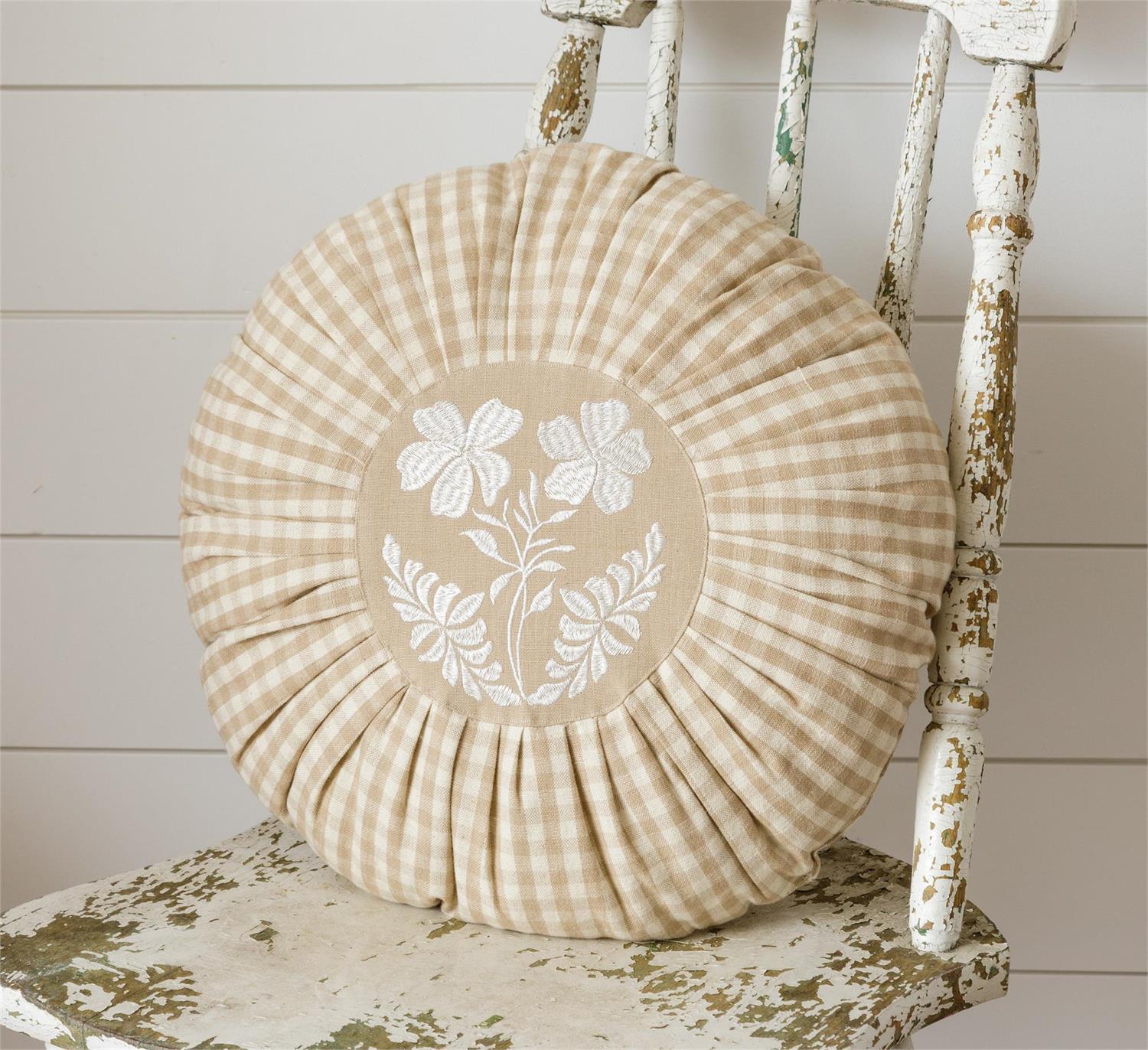 Round Pleated Pillow - Tan And Linen Check