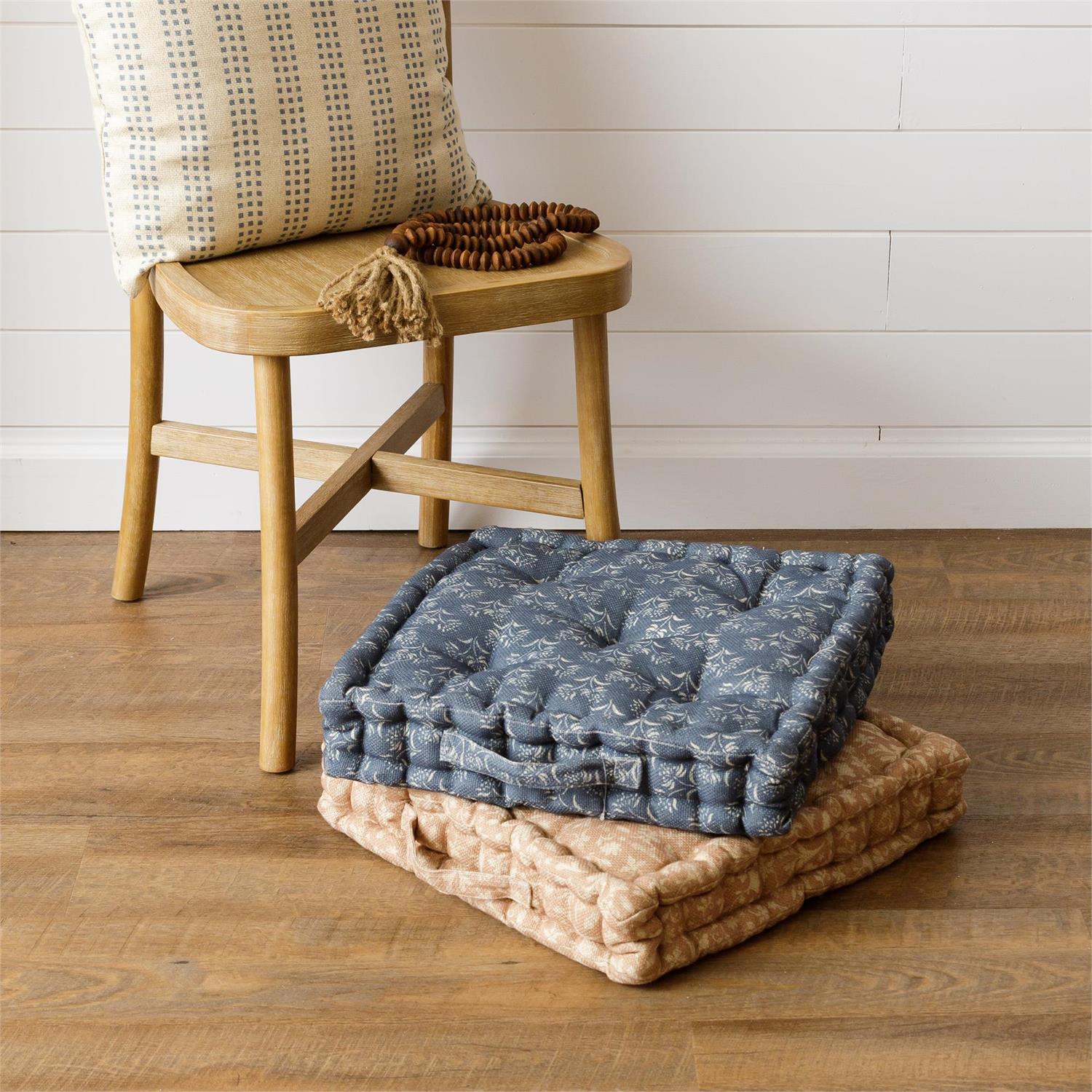 Floral Block Print Tufted Cushion, Navy