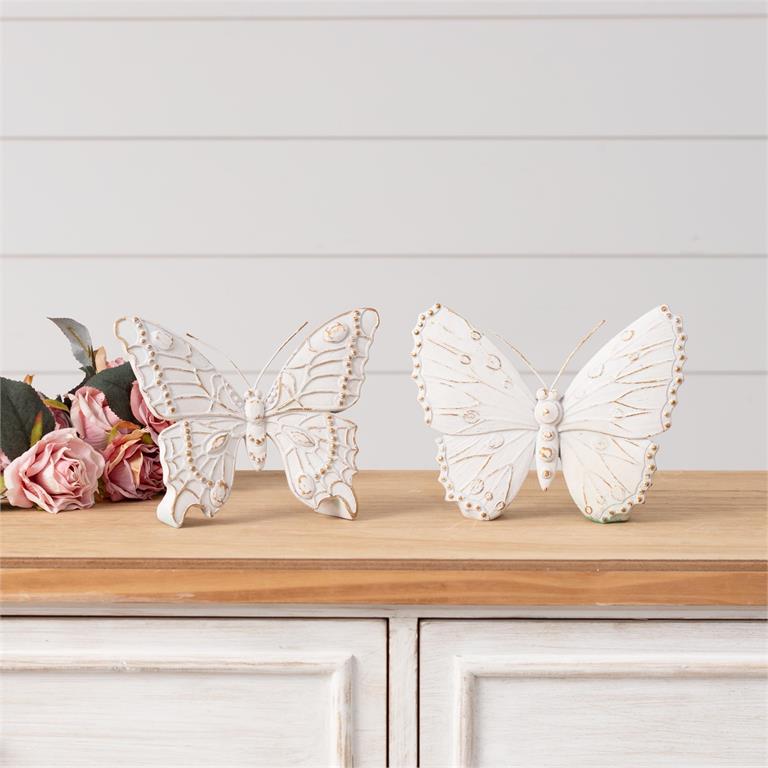 White And Gold Distressed Tabletop Butterfly (S/2)