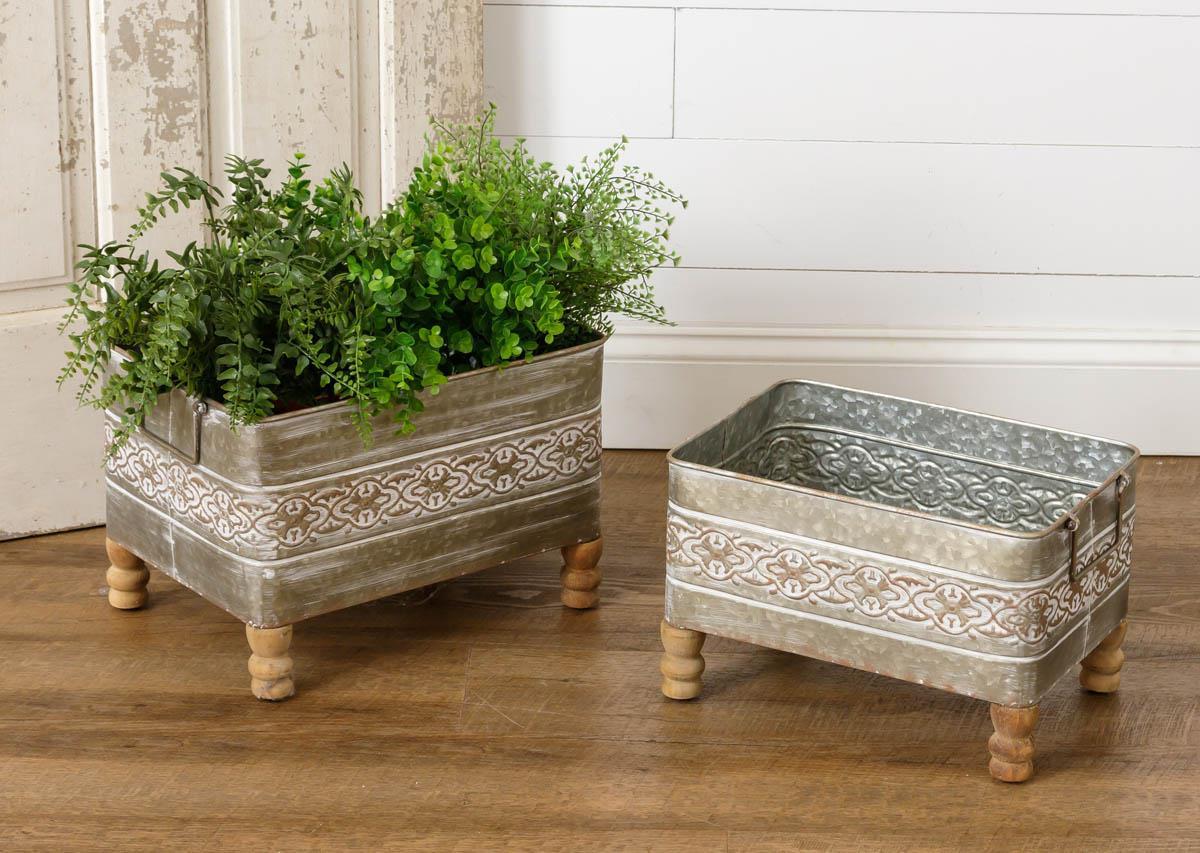 Embossed Planters With Wood Feet
