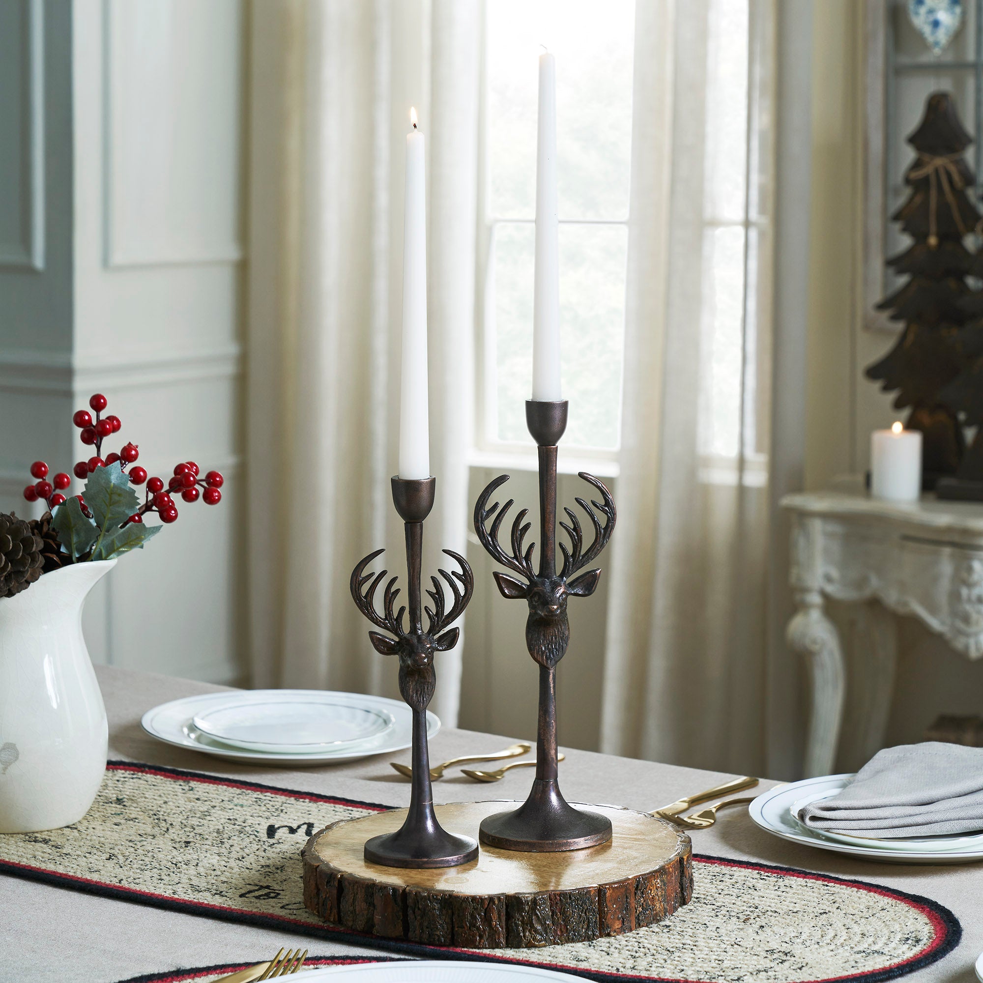 Rustic Stag Metal Candlestick Holders Set of 2- 10.5/