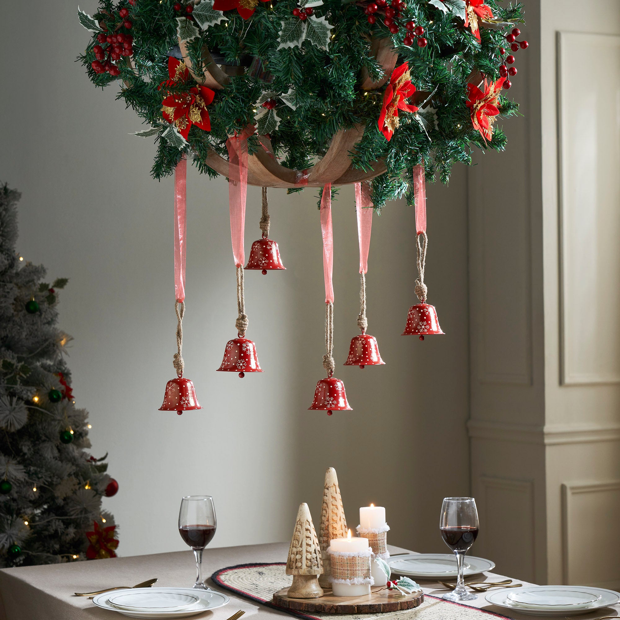 Falling Snow Red Bell Metal Ornament Set of 6