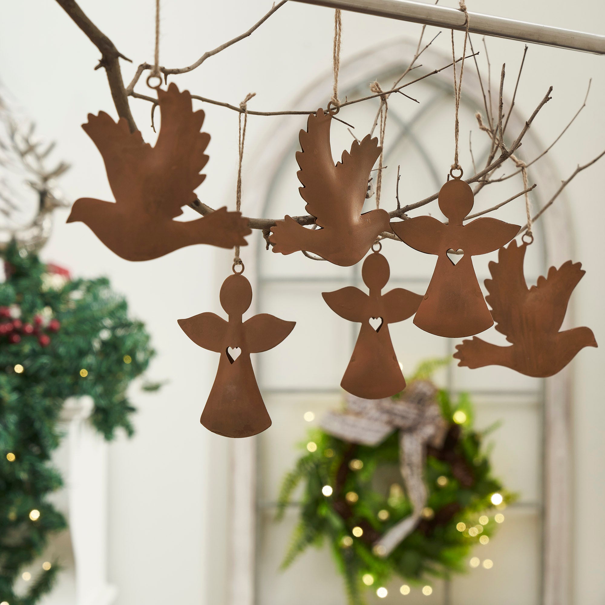 Rust Angel and Dove Metal Ornaments Set of 6- 4.5/