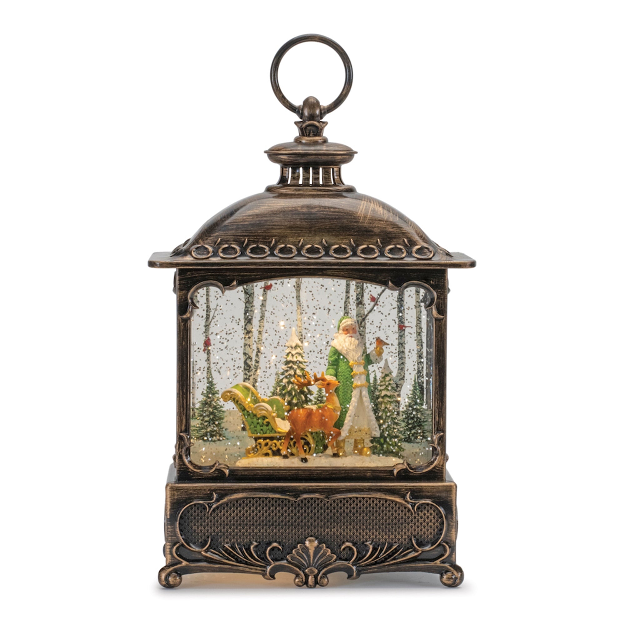 LED Snow Globe w/Santa and Sleigh 10.5”H 6 Hr Timer 3 AA Batteries, Not Included or USB Cord