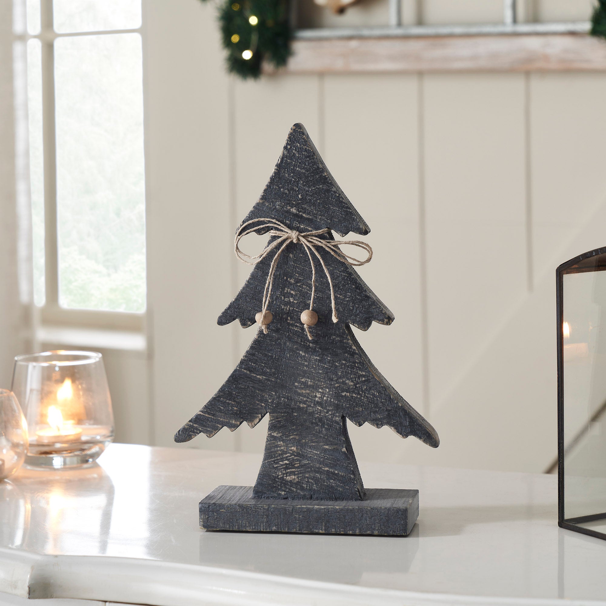 Three-Tiered Pine Distressed Dark Grey Wooden Tree Large