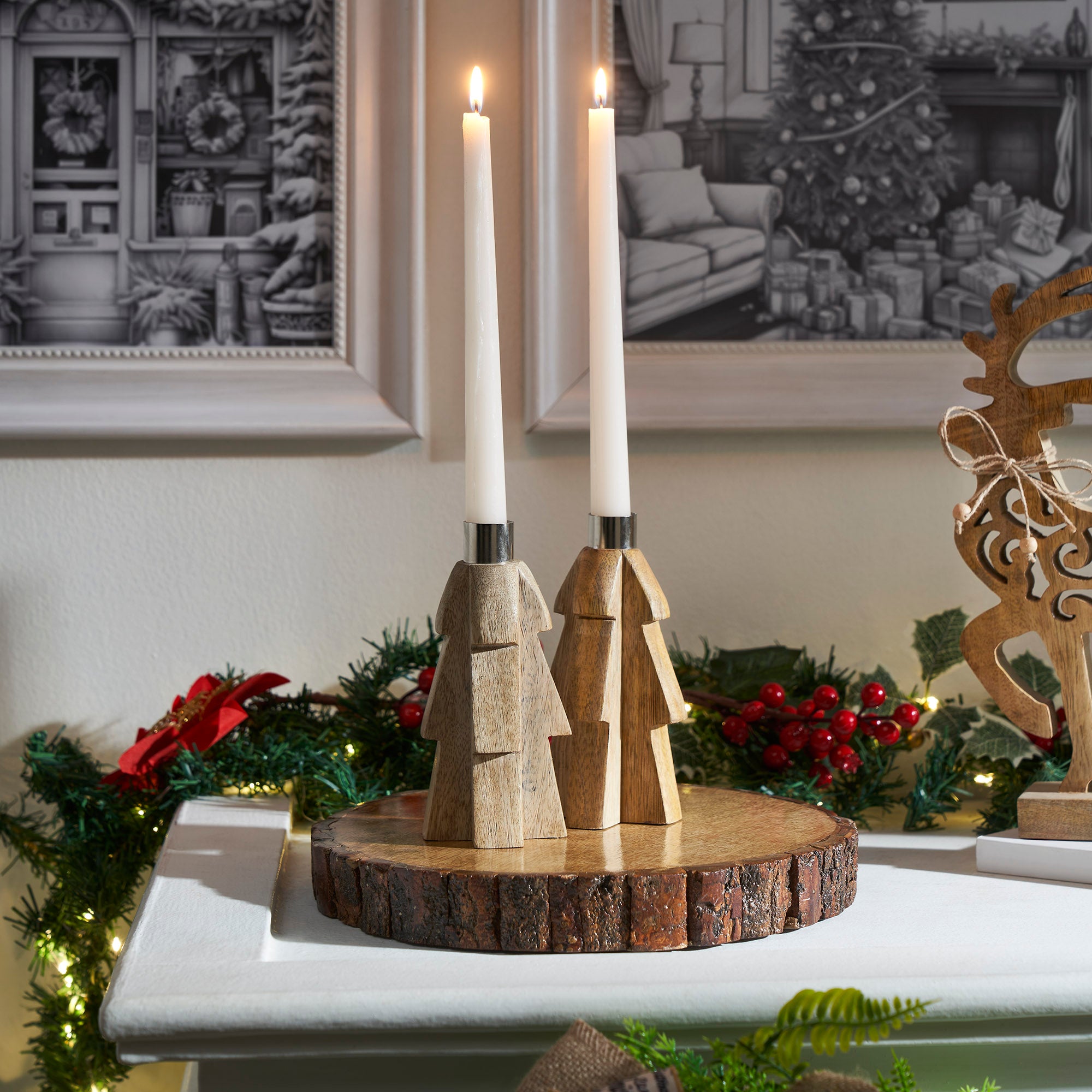 Tree Natural Wooden Taper Candle Holder Set of 2