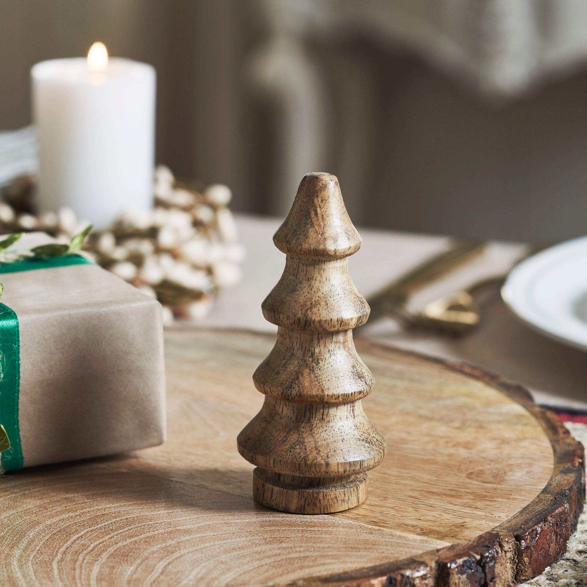 Natural Four-Tiered Hand Turned Wooden Tree Set of 6
