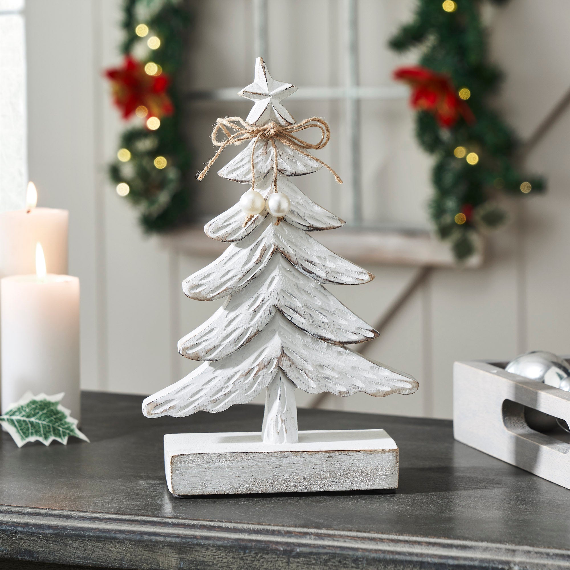 Festive Fir Distressed White Wooden Tree Small