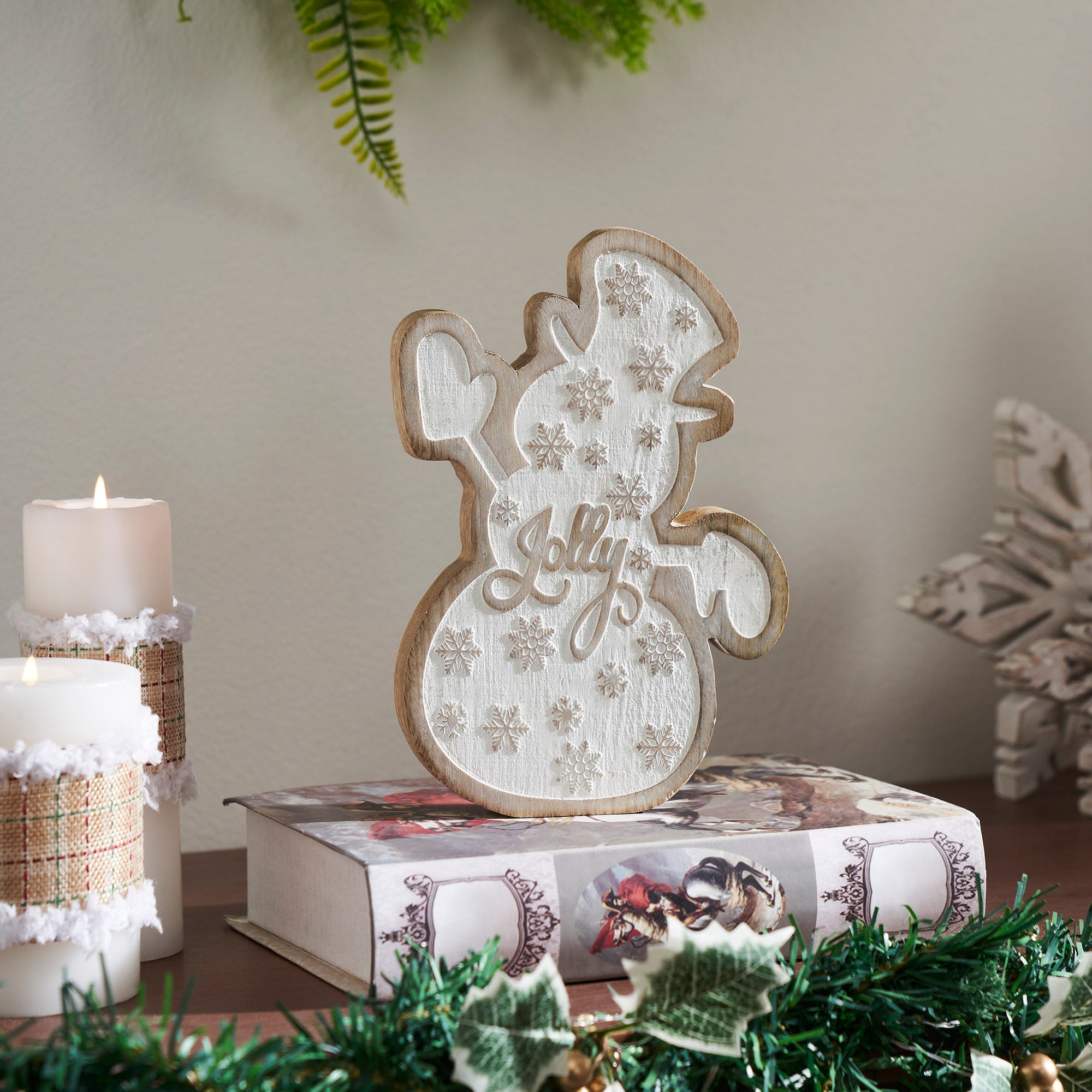 White Washed Jolly Natural Wooden Snowman