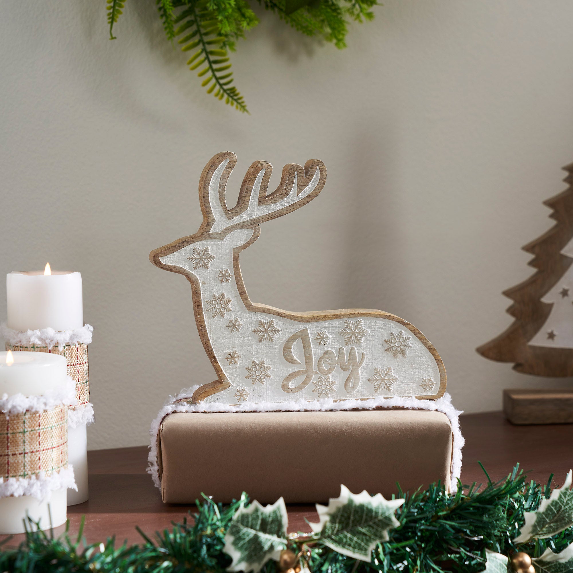 White Washed Joy Natural Wooden Reindeer