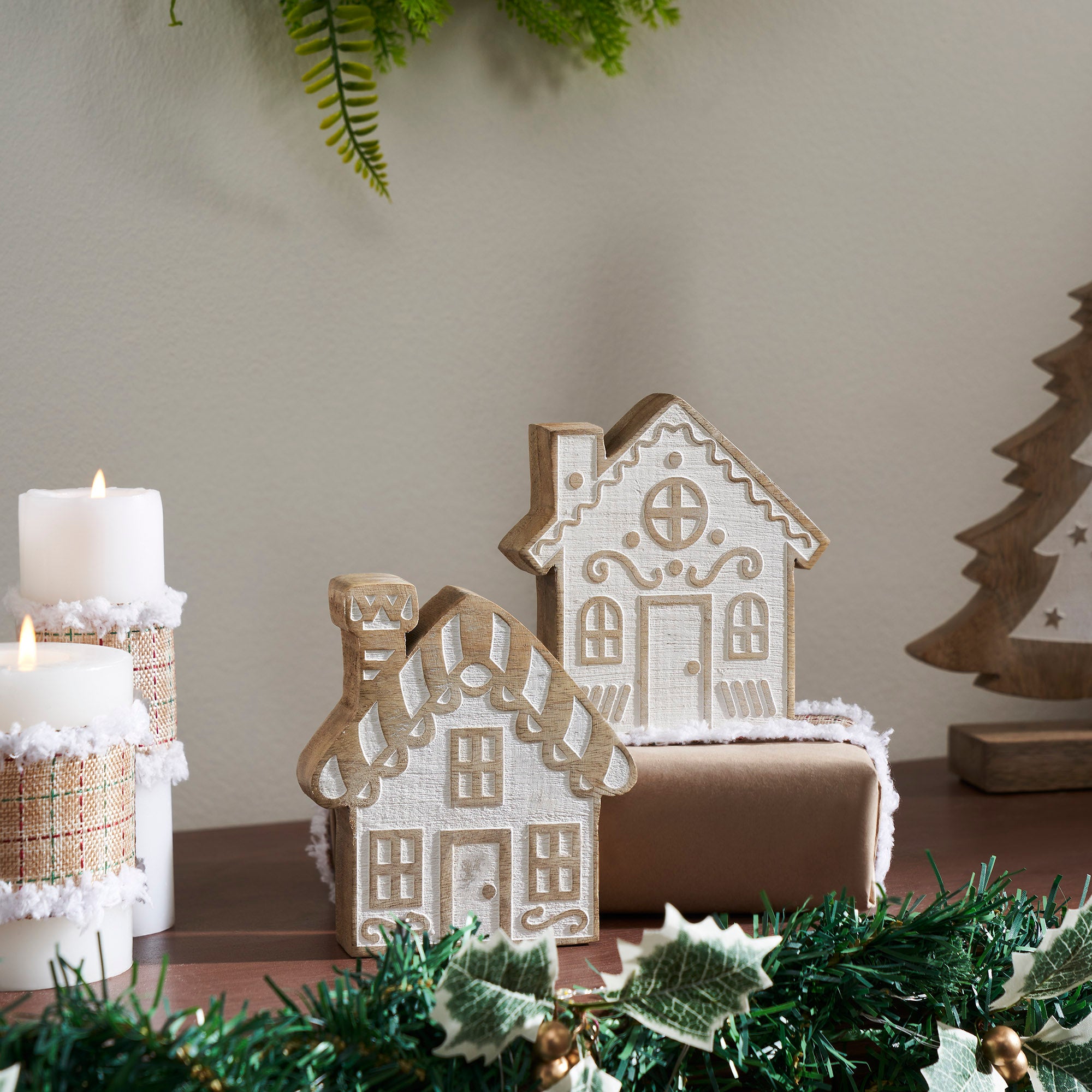 White Washed Candy Cane Lane Natural Wooden Houses Set of 2- /