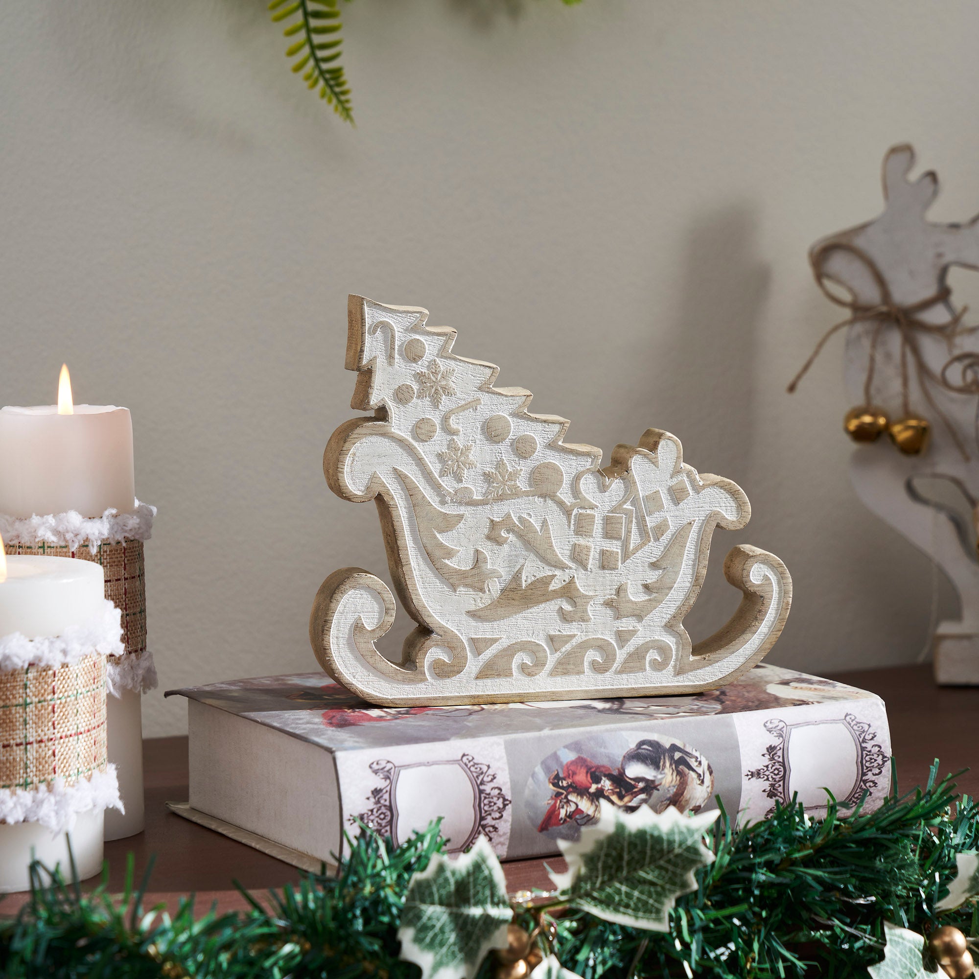 White Washed Santa on Duty Natural Wooden Sleigh