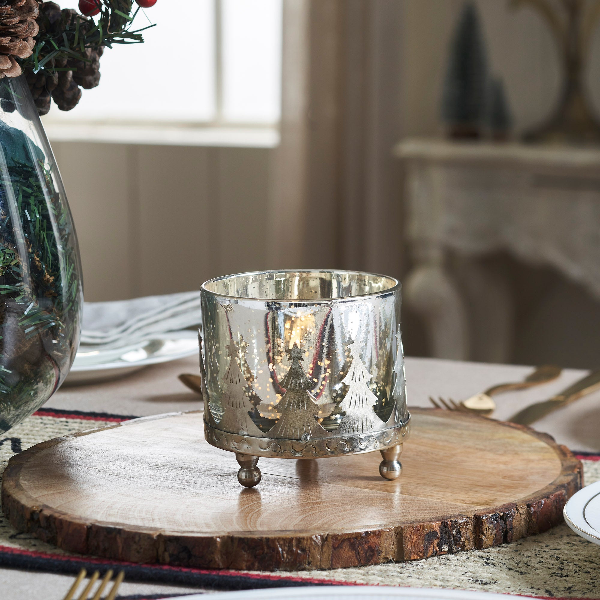 Silver Christmas Mercury Glass Candle Holder