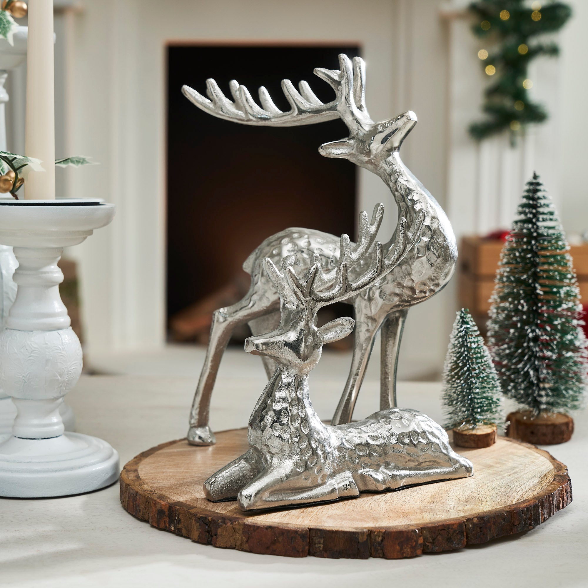 Hammered Silver Reindeer Figurines Set of 2- /