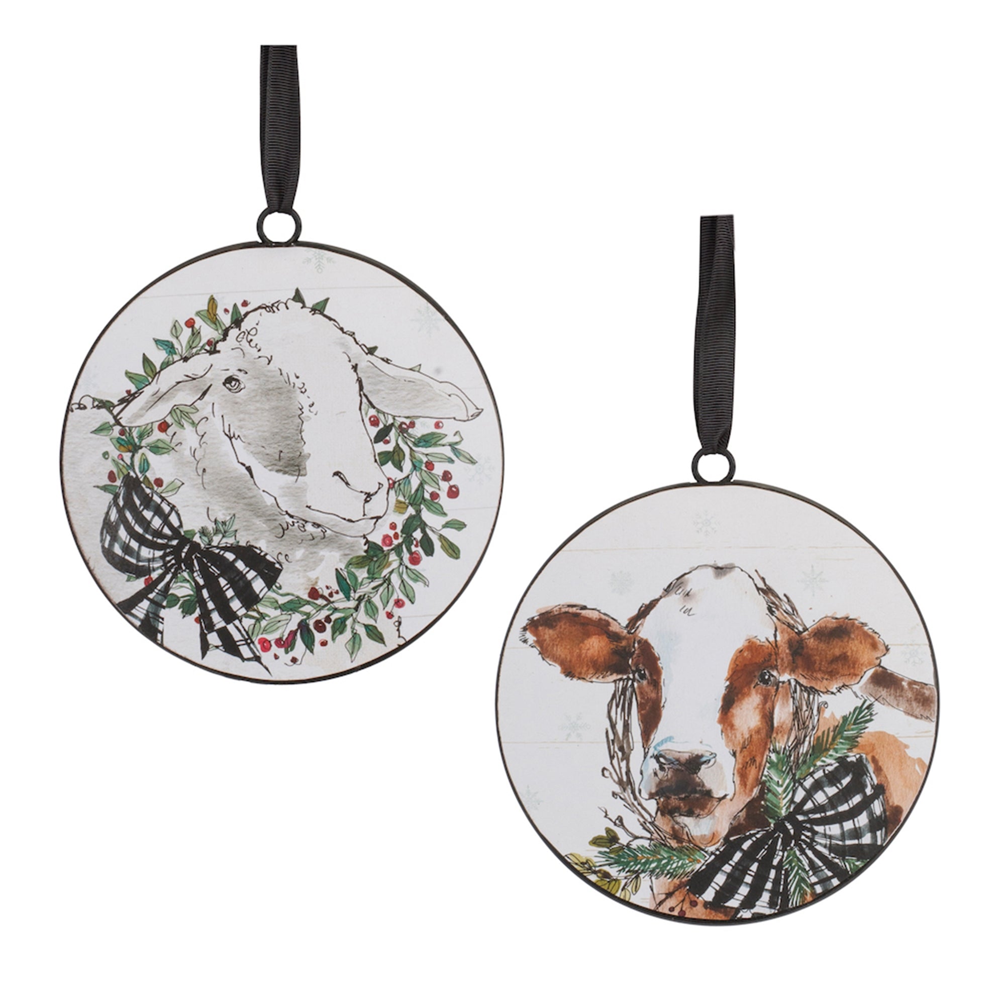 Holiday Cow and Sheep Disc Ornament (2 Asst) 6”H Iron/Jute