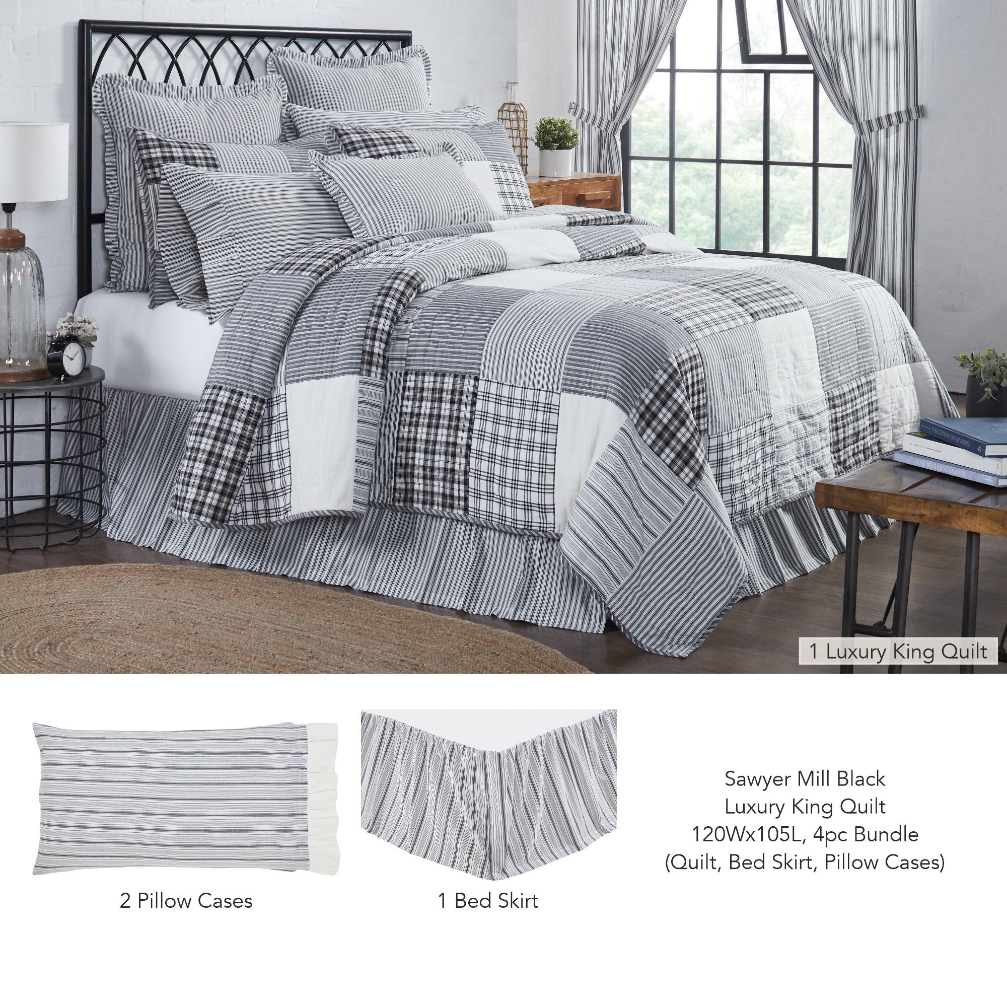 Sawyer Mill Black Luxury King Quilt 120Wx105L 4pc Bundle (Quilt, Bed Skirt, Pillow Cases)