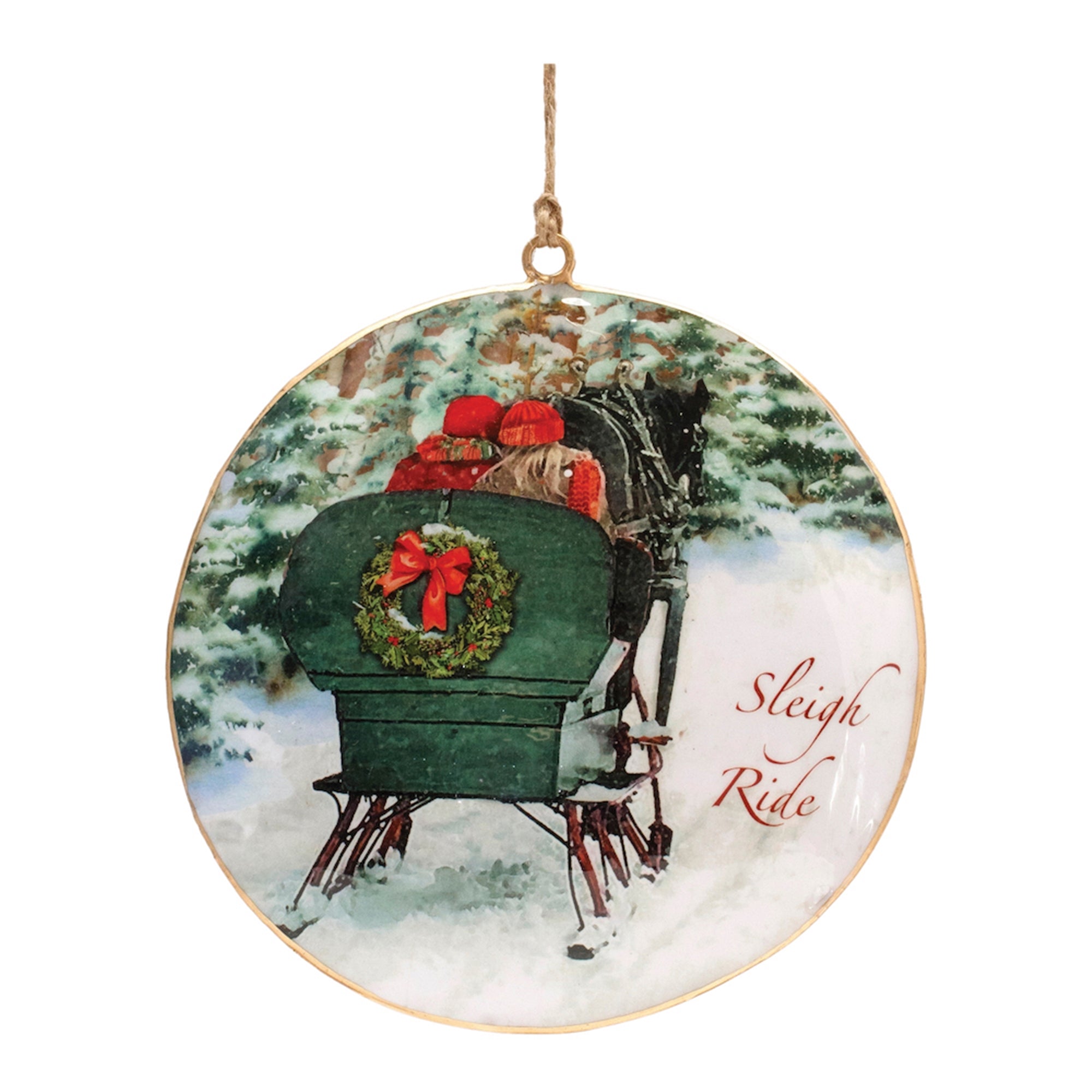 Sleigh Ride Disc Ornament 6”H Iron