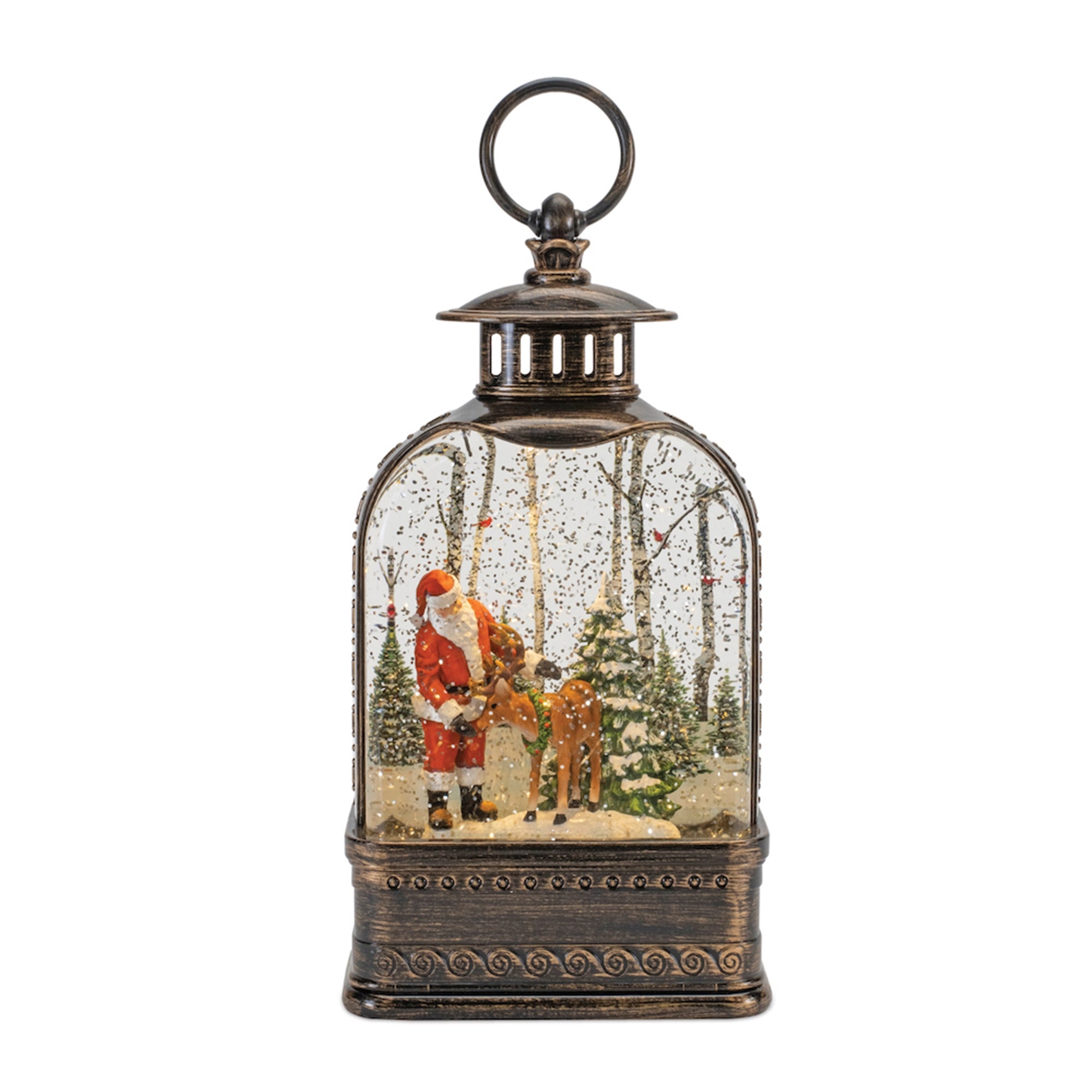 LED Snow Globe w/Santa & Deer 9.75”H 6 Hr Timer 3 AA Batteries, Not Included or USB Cord Inc