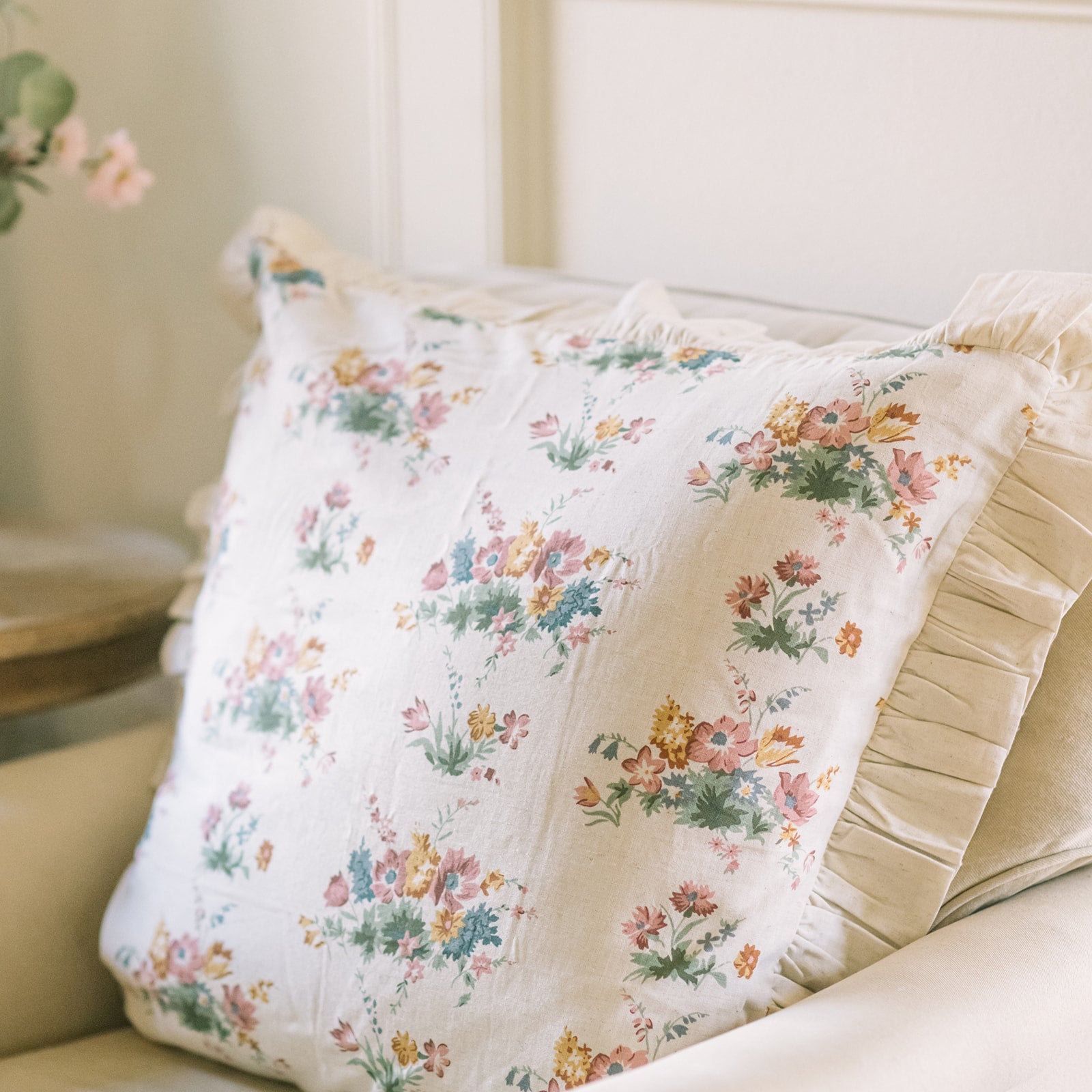 Rosehill Cottage Floral Ruffled Cotton Euro Sham- Dusty Rose & Natural Vintage Botanical Pillow Cover