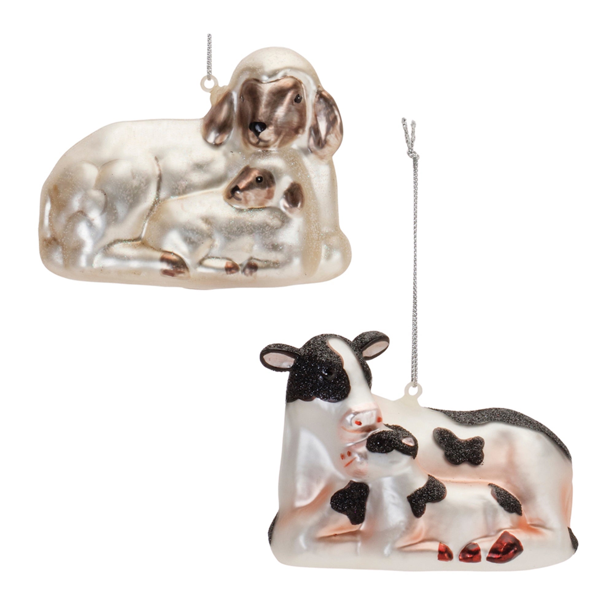 Cow and Sheep Ornament (2 Asst) 3”H Glass
